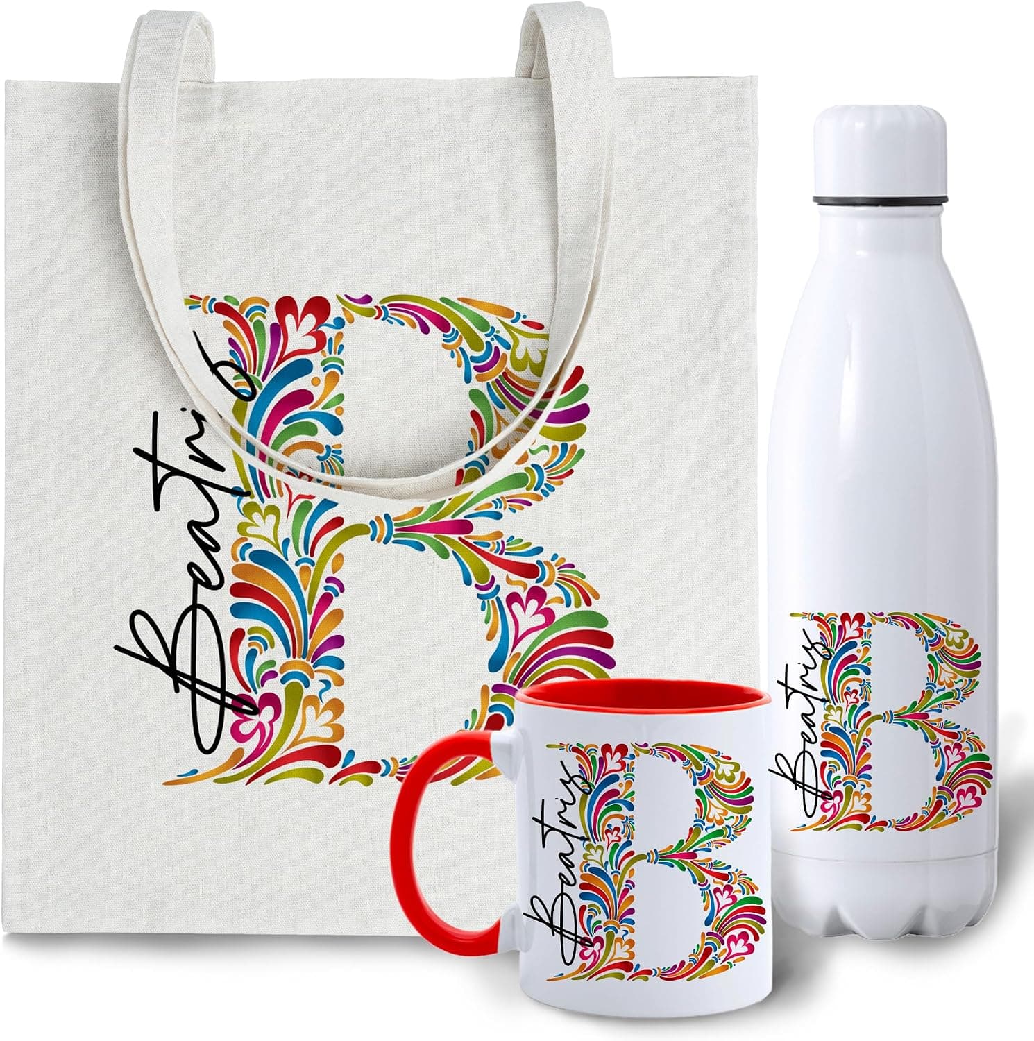 Bolsa tote de tela y botella reutilizable personalizadas con la misma inicial, colocadas juntas