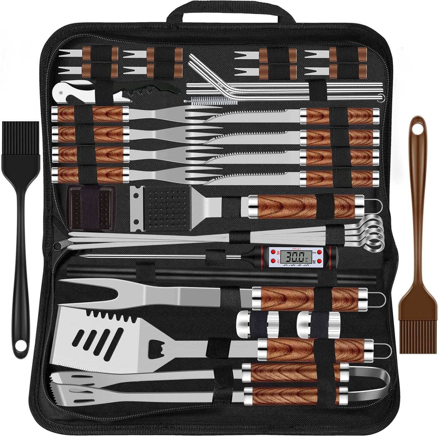 Set de 38 utensilios de barbacoa Grilliance en acero inoxidable, dentro de su bolsa de transporte