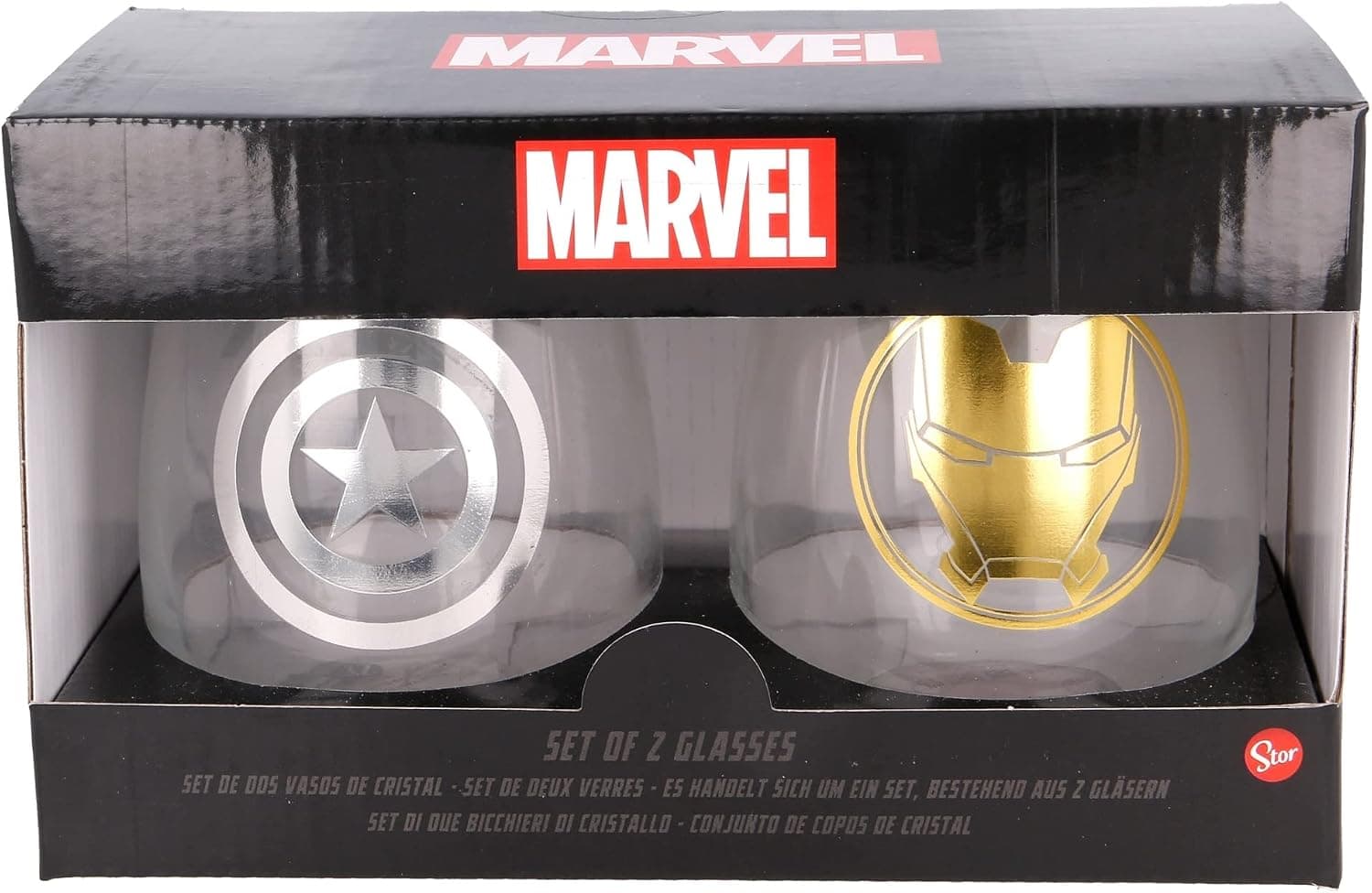 Dos vasos de cristal con acabado metalizado y el diseño de los Vengadores