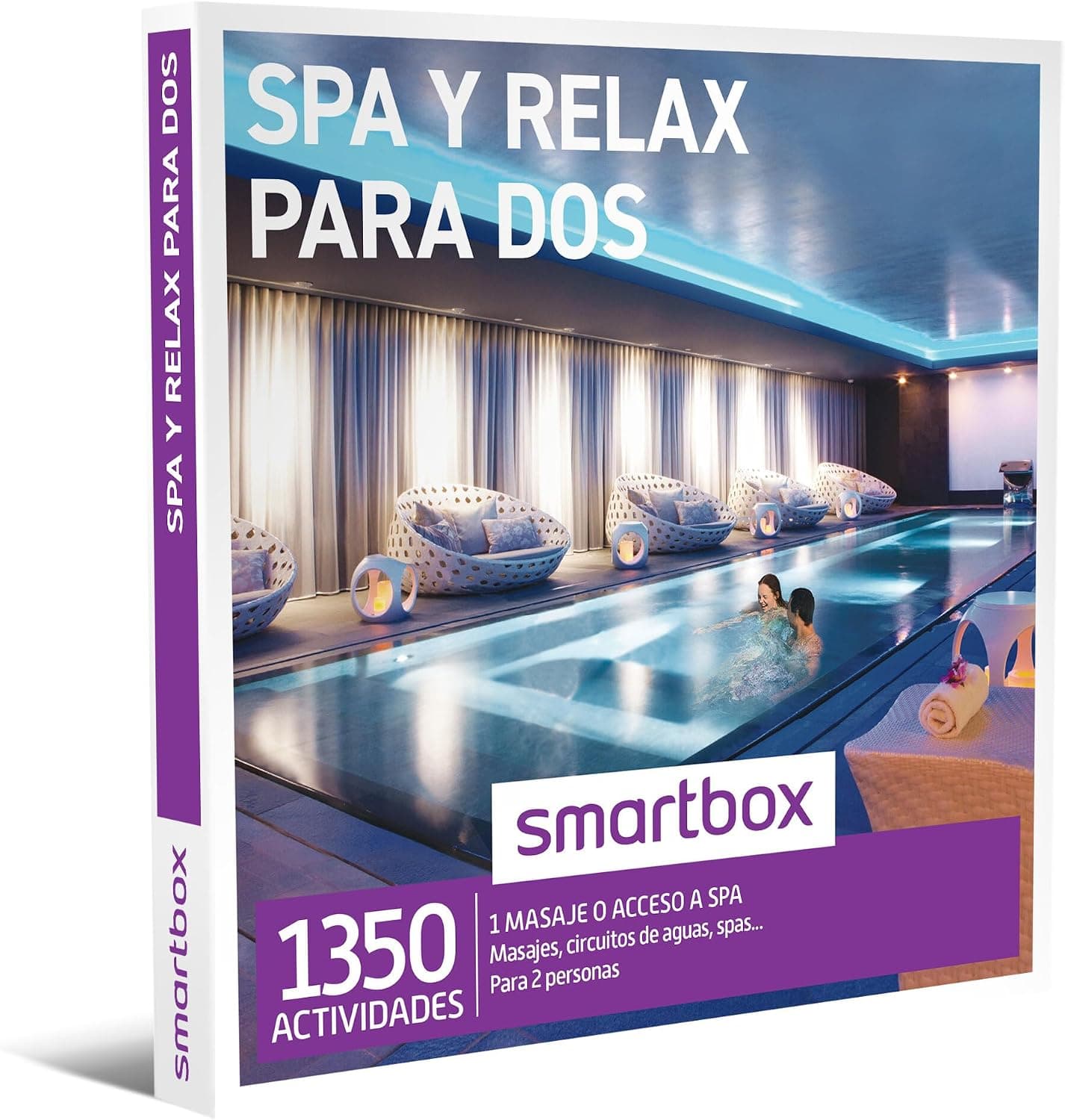 La caja morada de Smartbox «Spa y relax para dos», con la foto de un circuito de aguas y el sello de 1.350 actividades