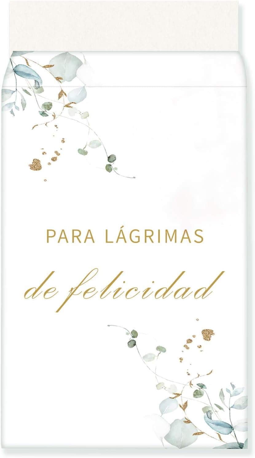 Sobre de papel blanco con hojas verdes y doradas y el texto «para lágrimas de felicidad», junto a las medidas del sobre y el detalle de la solapa