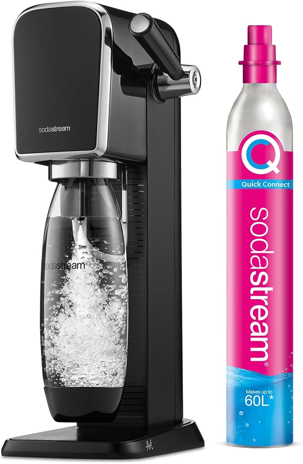 Gasificador de agua negro con palanca superior, junto a una botella de cristal