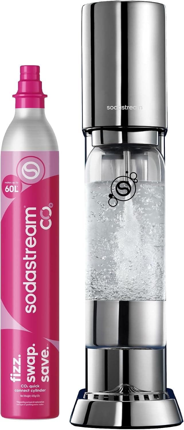 Gasificador de agua de acero inoxidable plateado junto a su cilindro de CO2 a juego