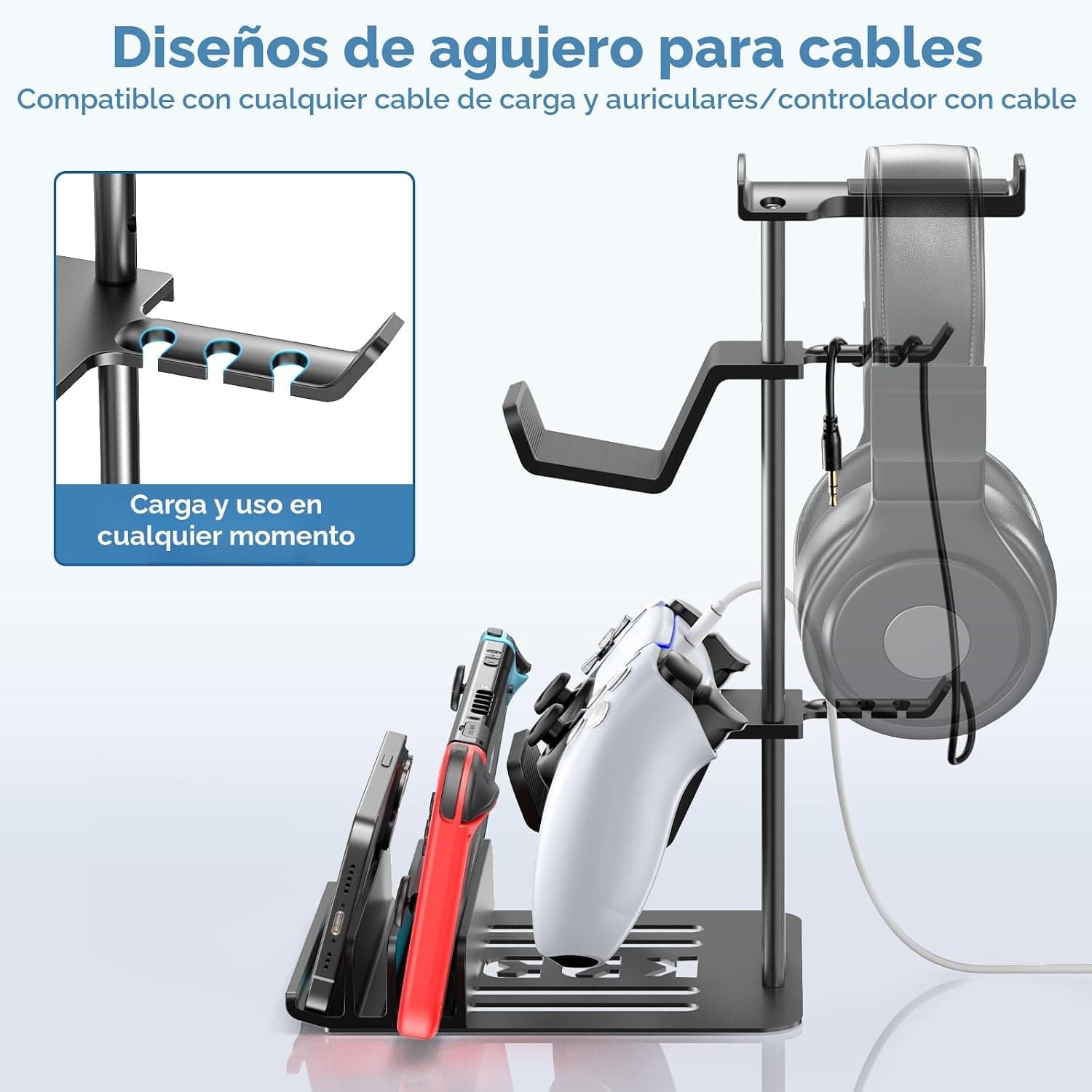 Detalle del organizador de cables integrado en el soporte