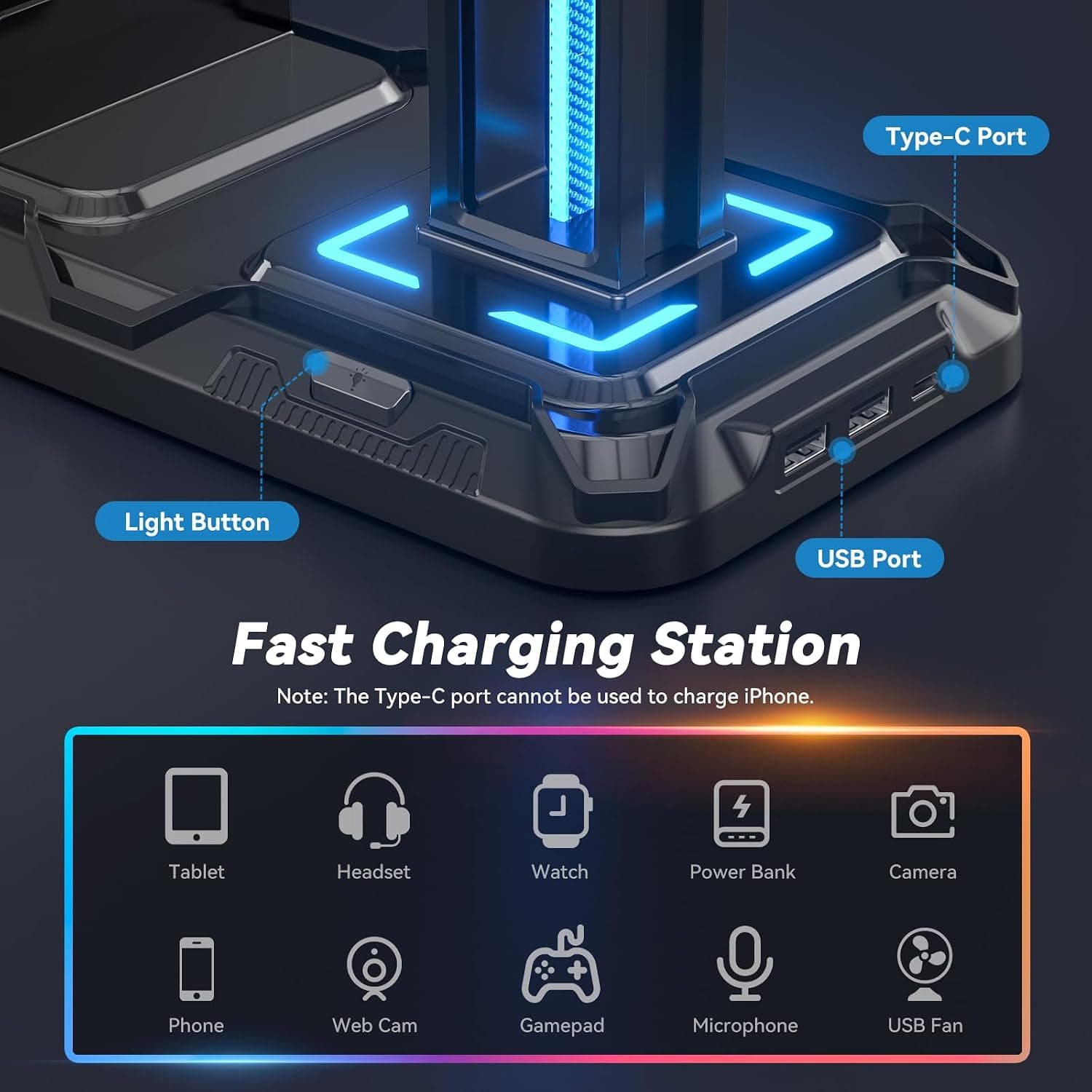 Soporte para Auriculares Gaming con LED y Carga USB-C, foto 3