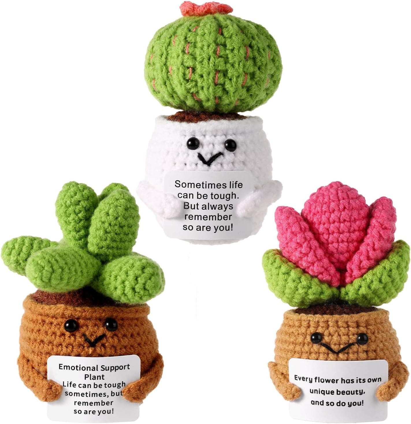 Set de tres plantas de ganchillo, cactus, suculenta y suculenta con flor, con tarjeta