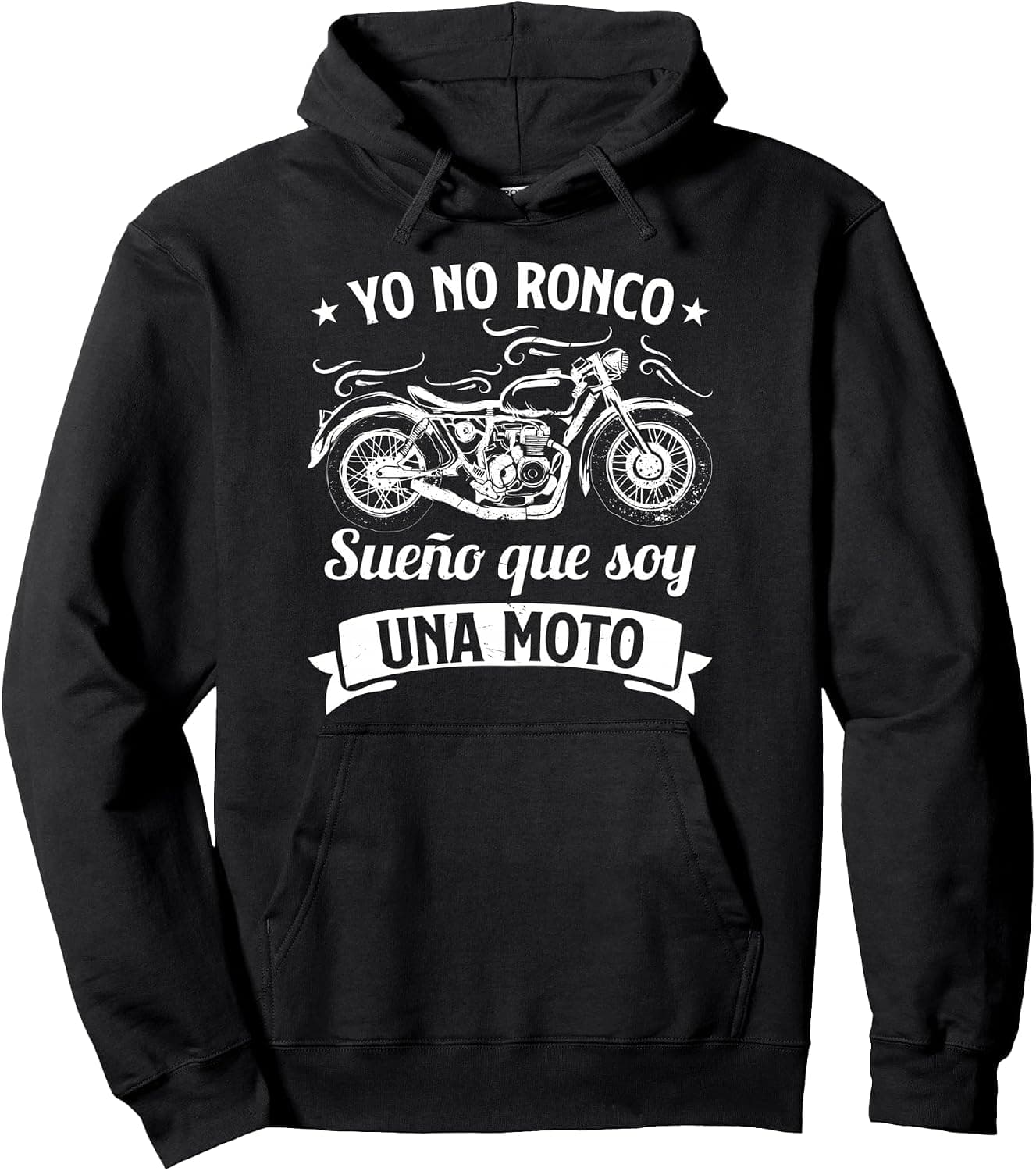 Sudadera negra con capucha y el texto "Yo no ronco, sueño que soy una moto" y una moto ilustrada