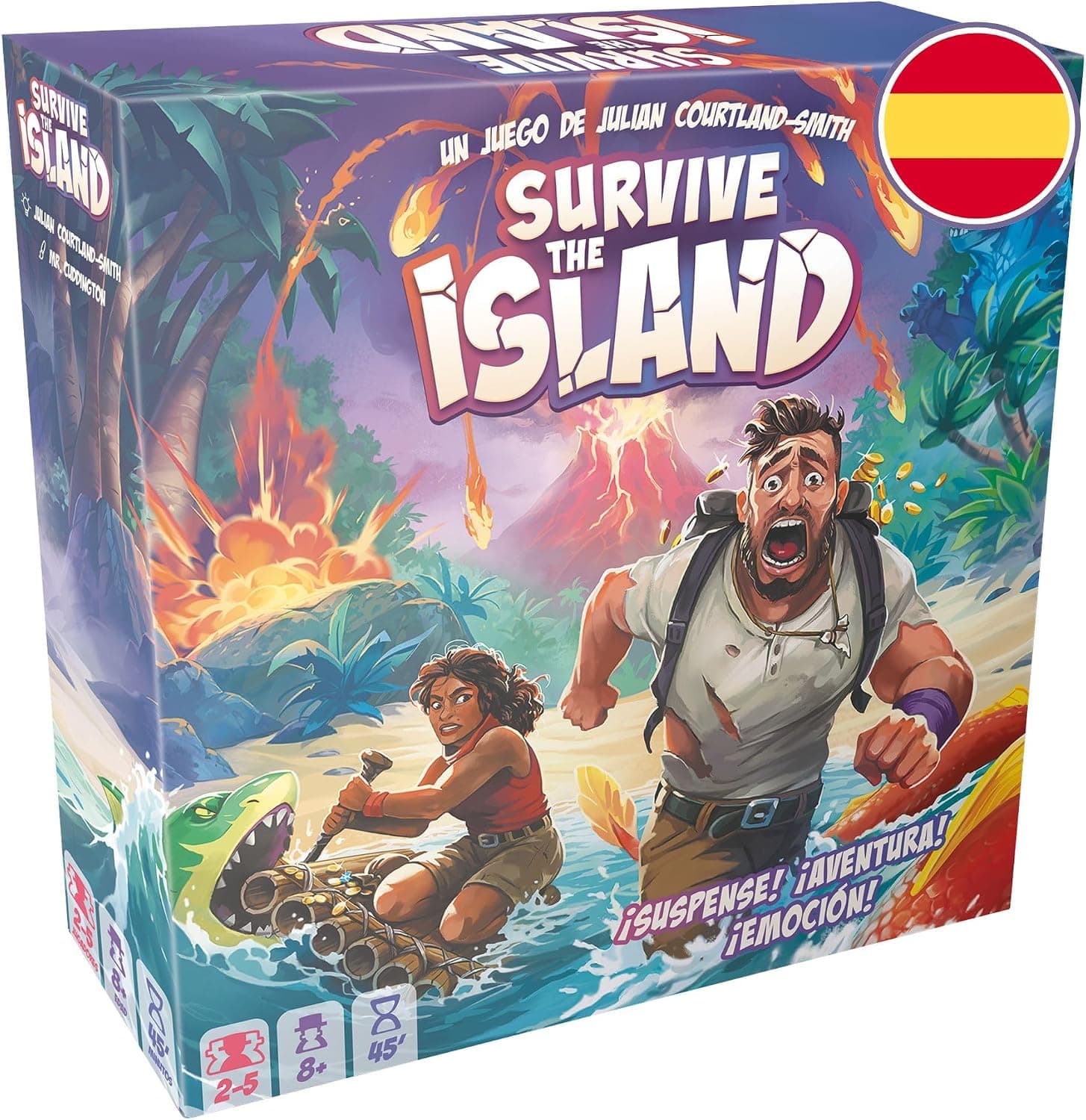 Caja de Survive The Island con la isla en erupción y los supervivientes escapando