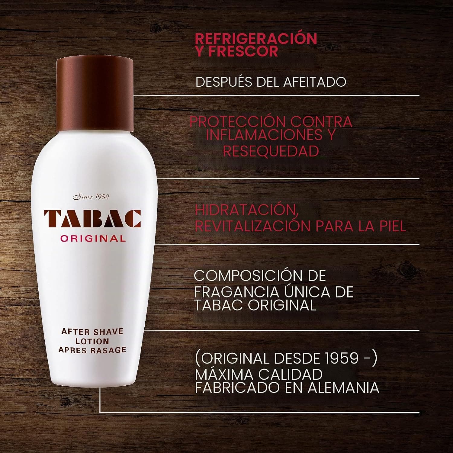 El frasco apoyado en la repisa de un baño, junto a una brocha y una maquinilla de afeitar