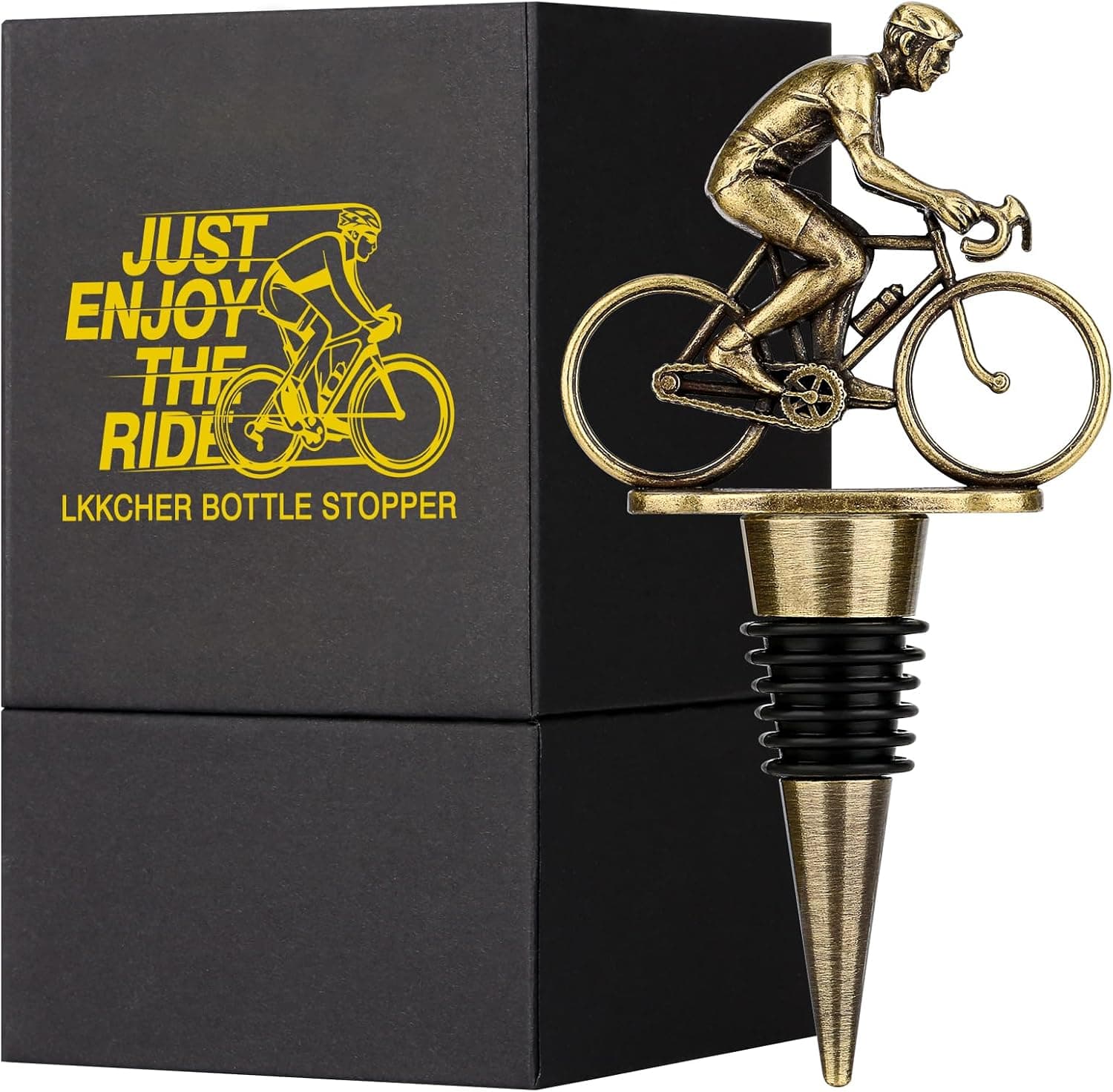 Tapón de vino con la figura dorada de un ciclista sobre su bicicleta