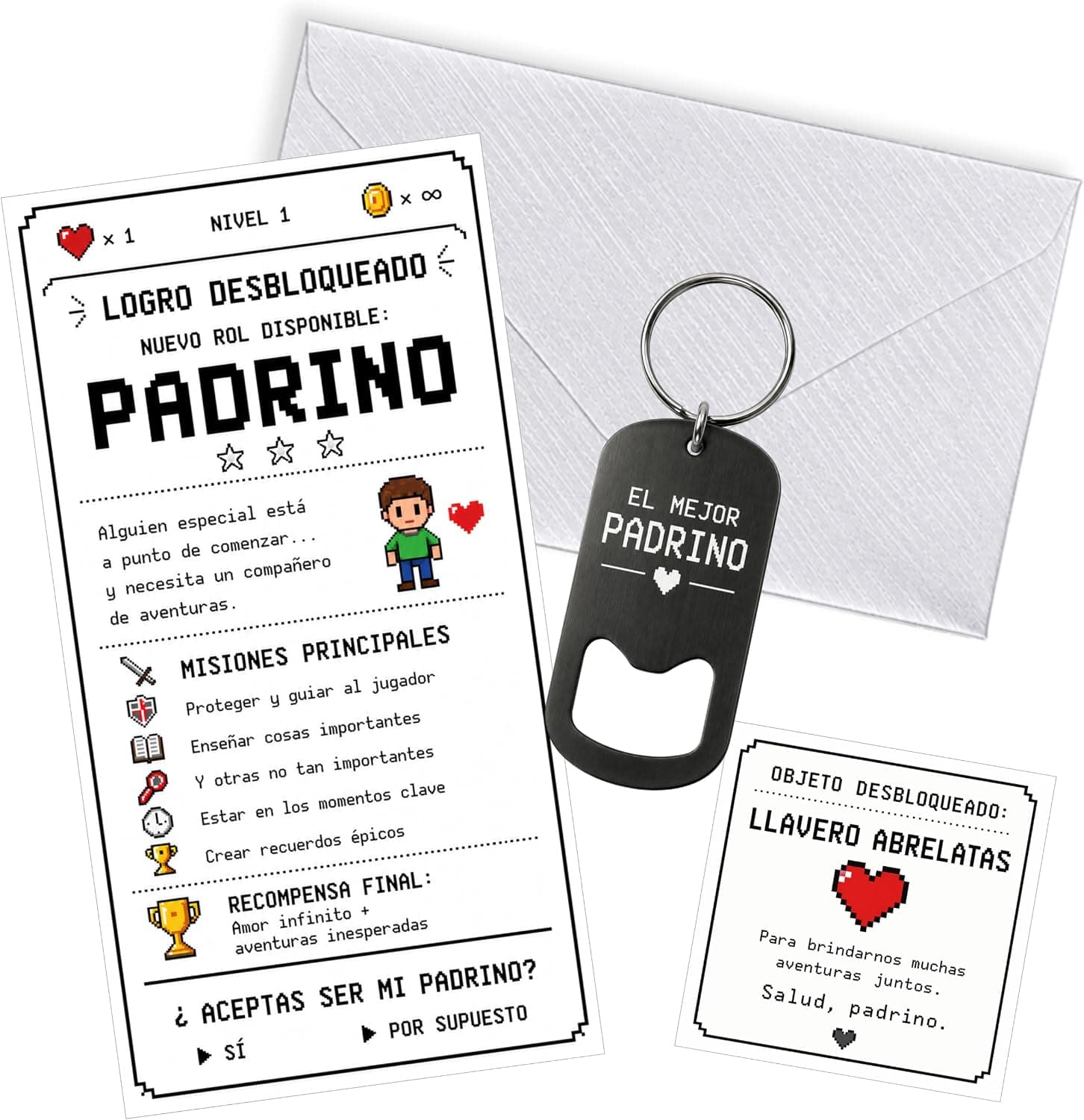 Tarjeta de regalo con llavero abridor de acero grabado «el mejor padrino», dentro de su bolsa de organza