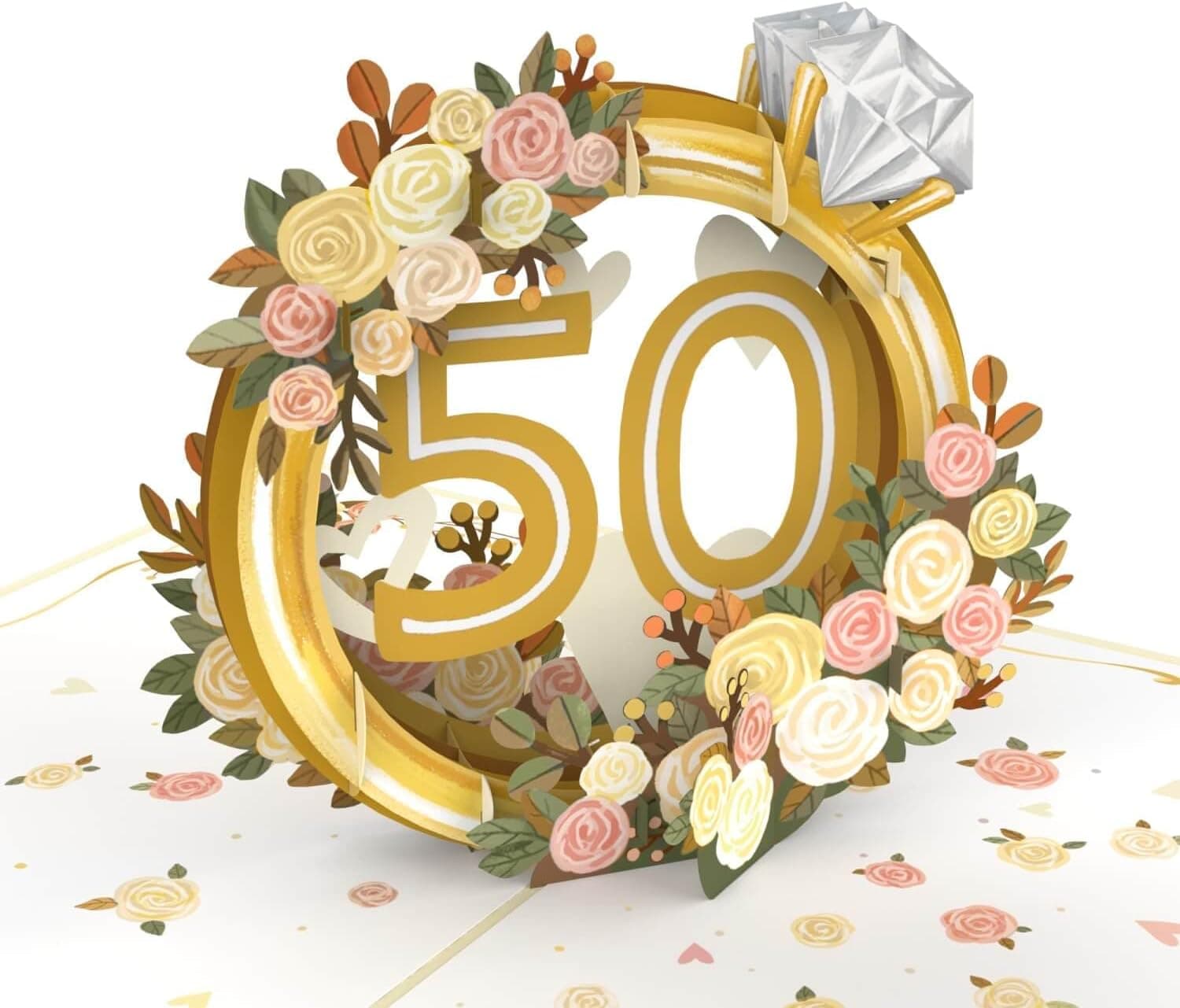 Tarjeta de felicitación con efecto 3D al abrirse, motivo de bodas de oro