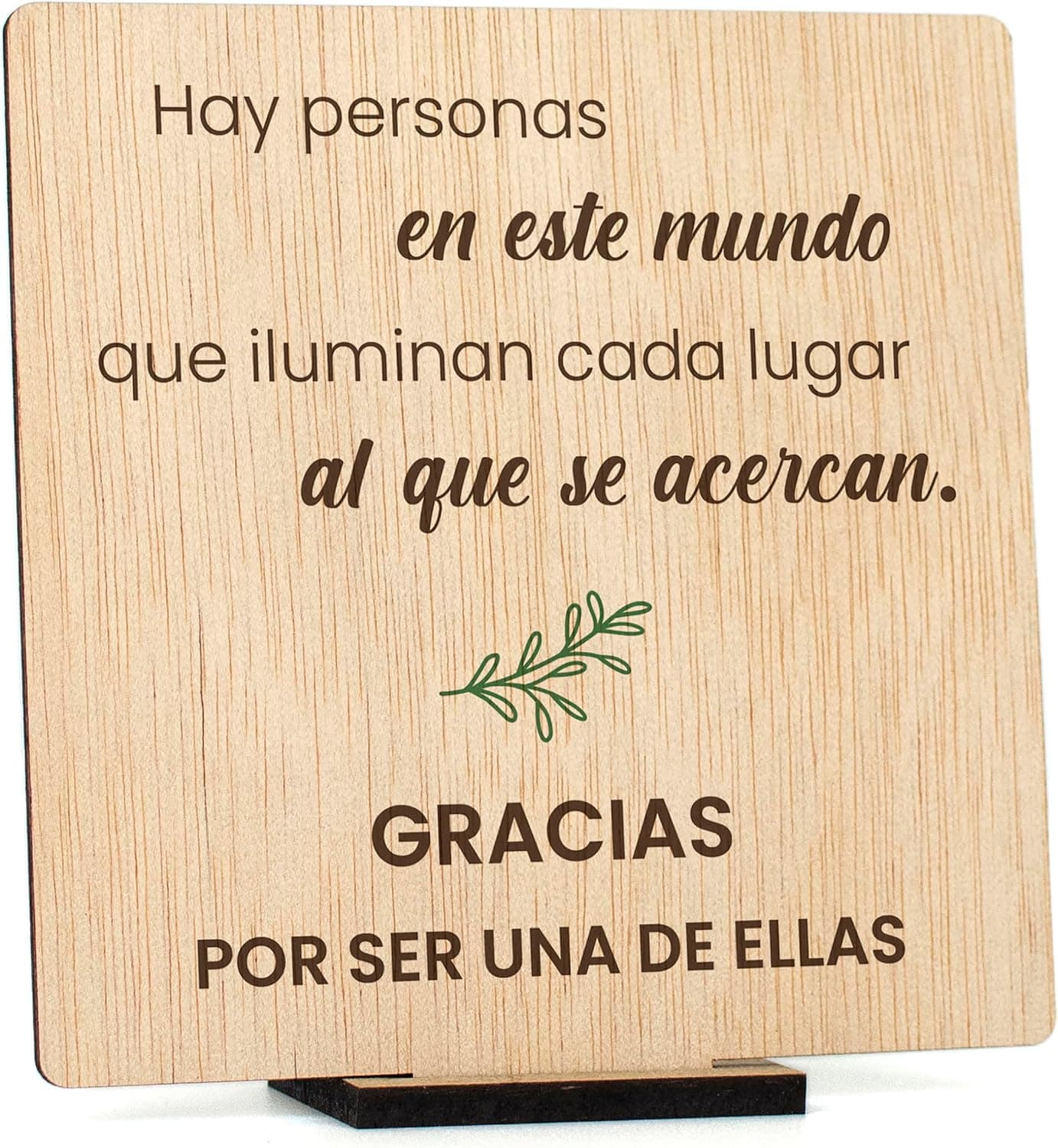 Tarjeta de madera con mensaje de agradecimiento sobre fondo neutro