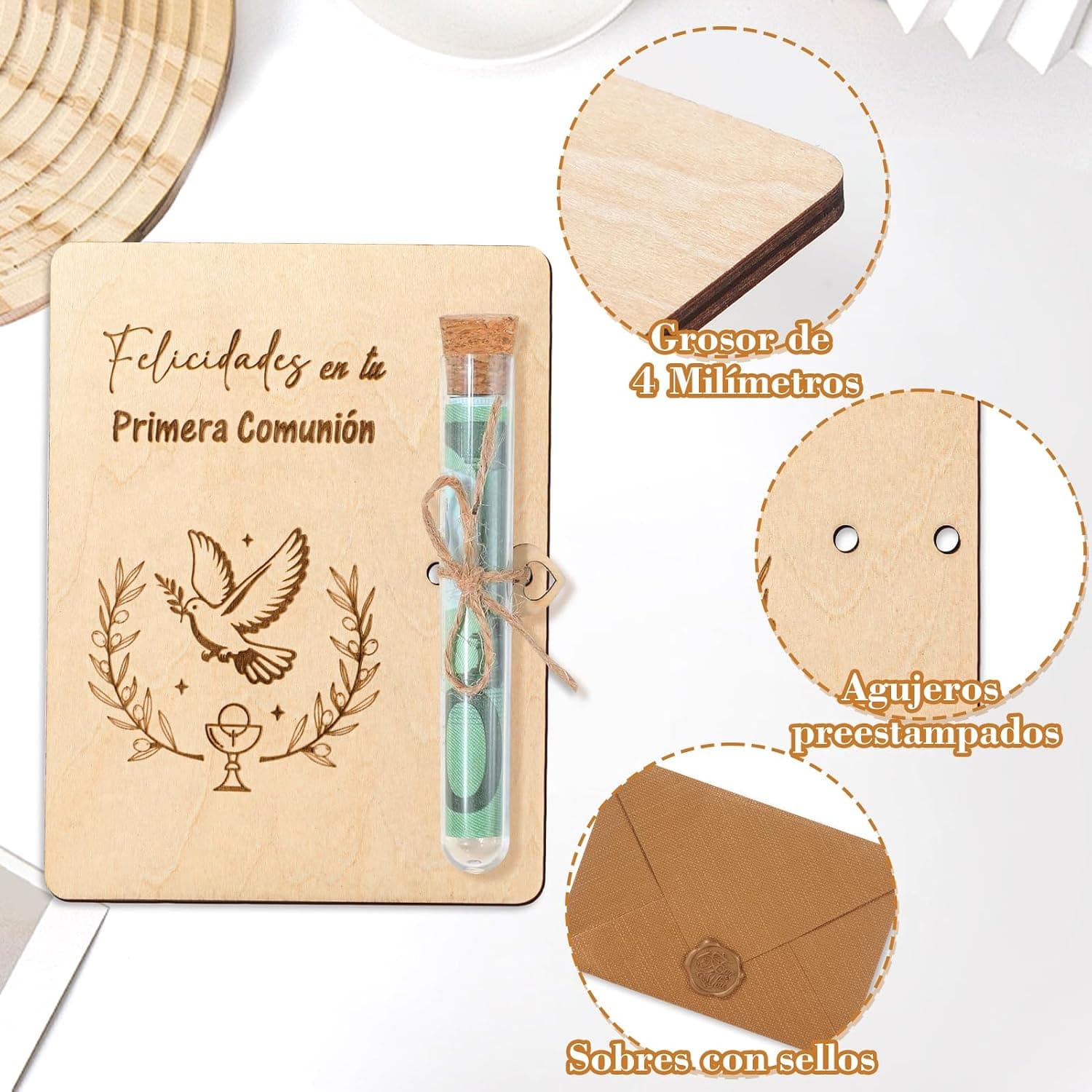 Tarjeta de madera para regalar dinero en la comunión, foto 3