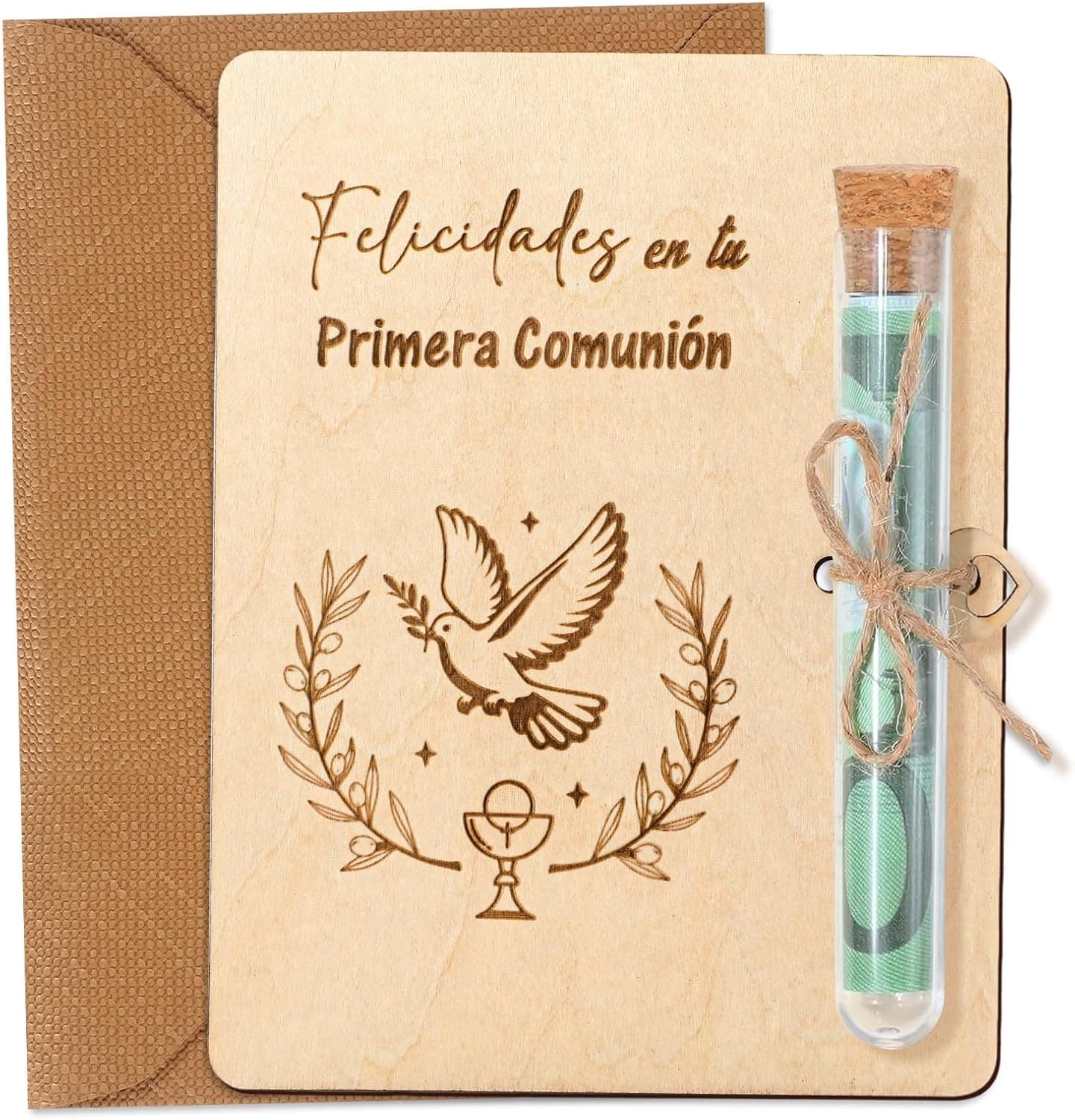 Tarjeta de madera con tubo de cristal para regalar dinero en la primera comunión