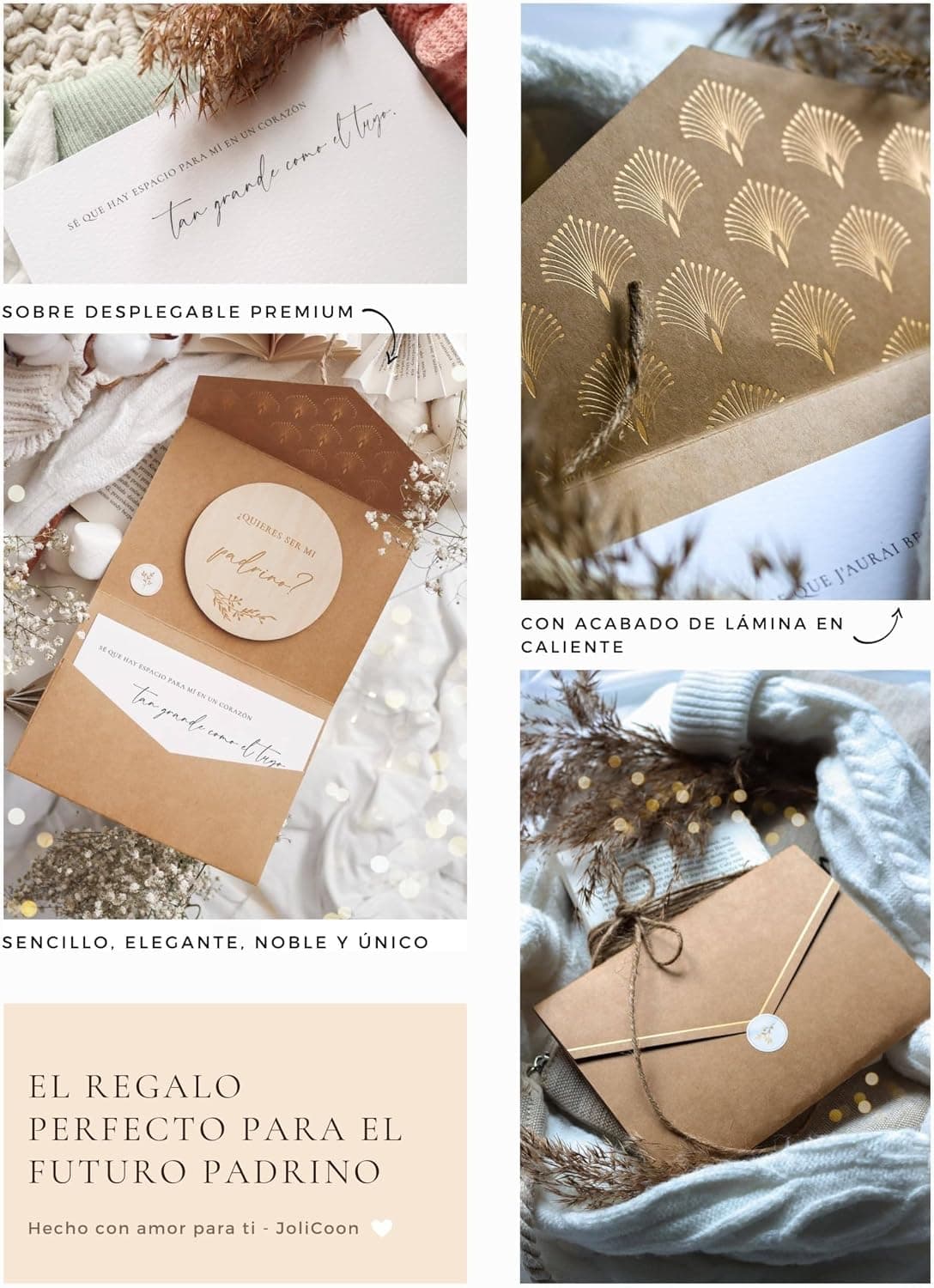 Detalle del sobre cerrado con un lazo de yute y una pegatina de sello, el estampado dorado en primer plano y el conjunto completo sobre una tela clara con flores secas alrededor