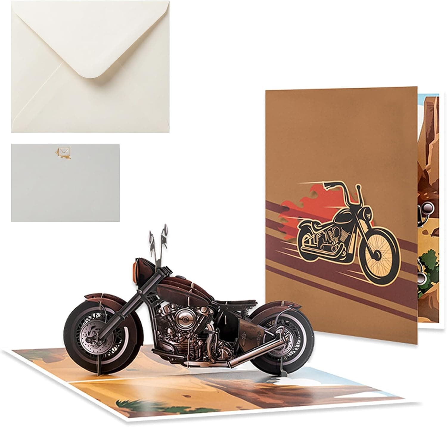 Tarjeta de felicitación con un diseño de moto que se despliega en pop-up 3D al abrirla