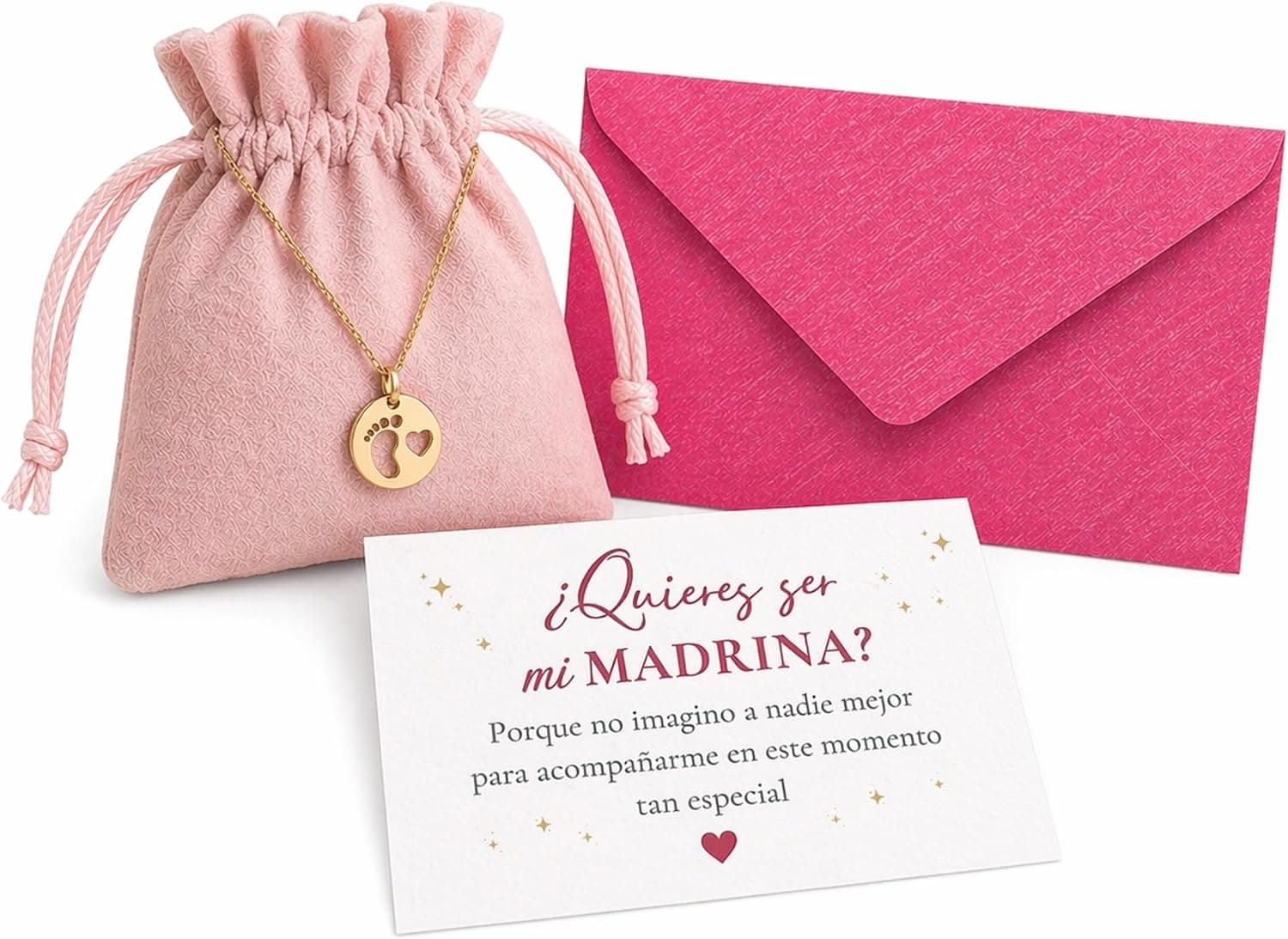 Tarjeta con el mensaje "¿Quieres ser mi madrina?" junto a un accesorio de acero inoxidable