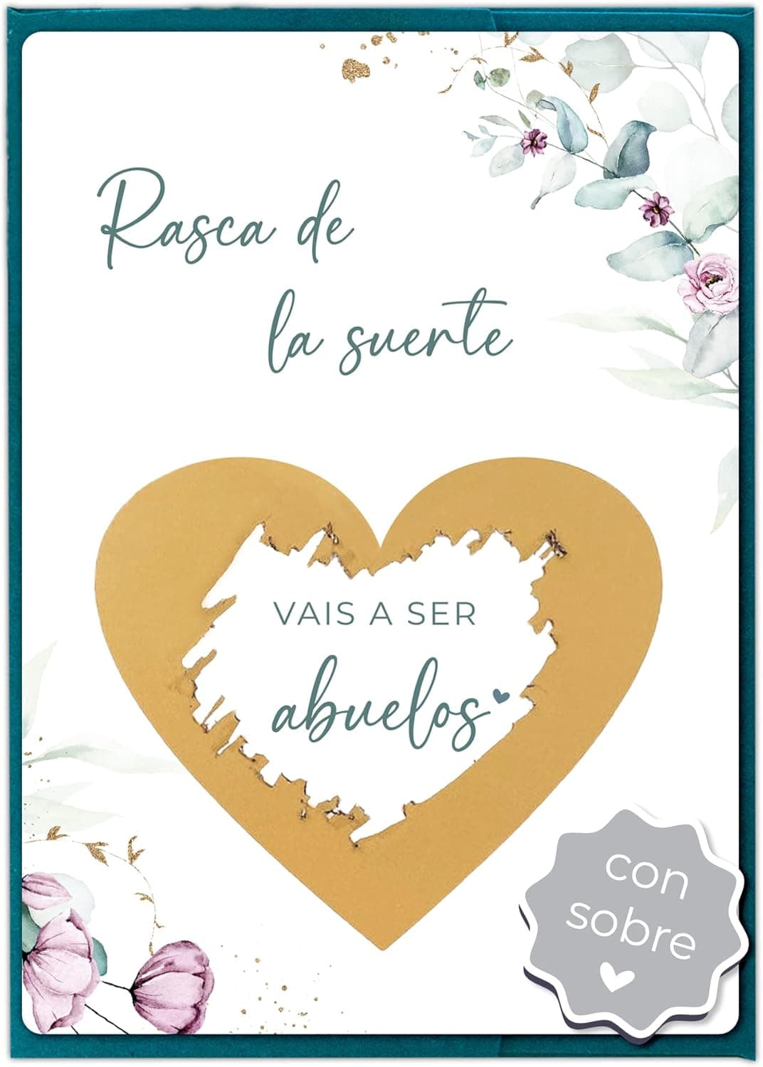 Tarjeta «rasca de la suerte» con un gran corazón dorado del que asoma el texto «vais a ser abuelos»