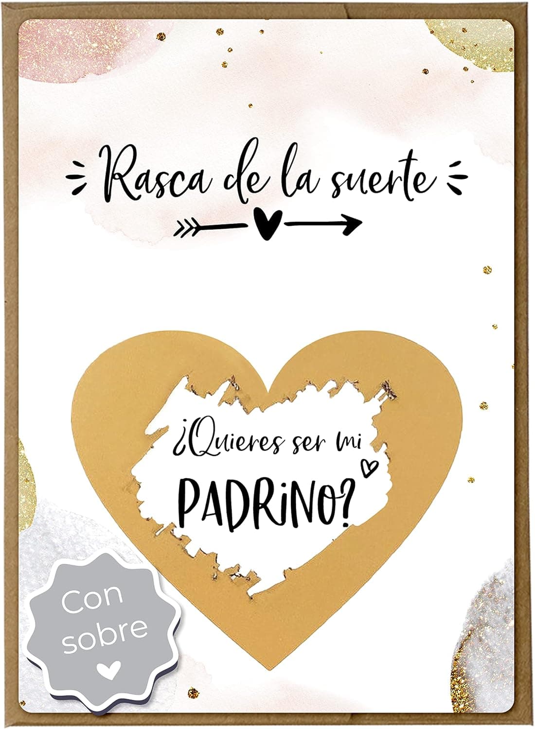 Tarjeta de rascar con el mensaje "¿Quieres ser mi padrino?" y su sobre a juego