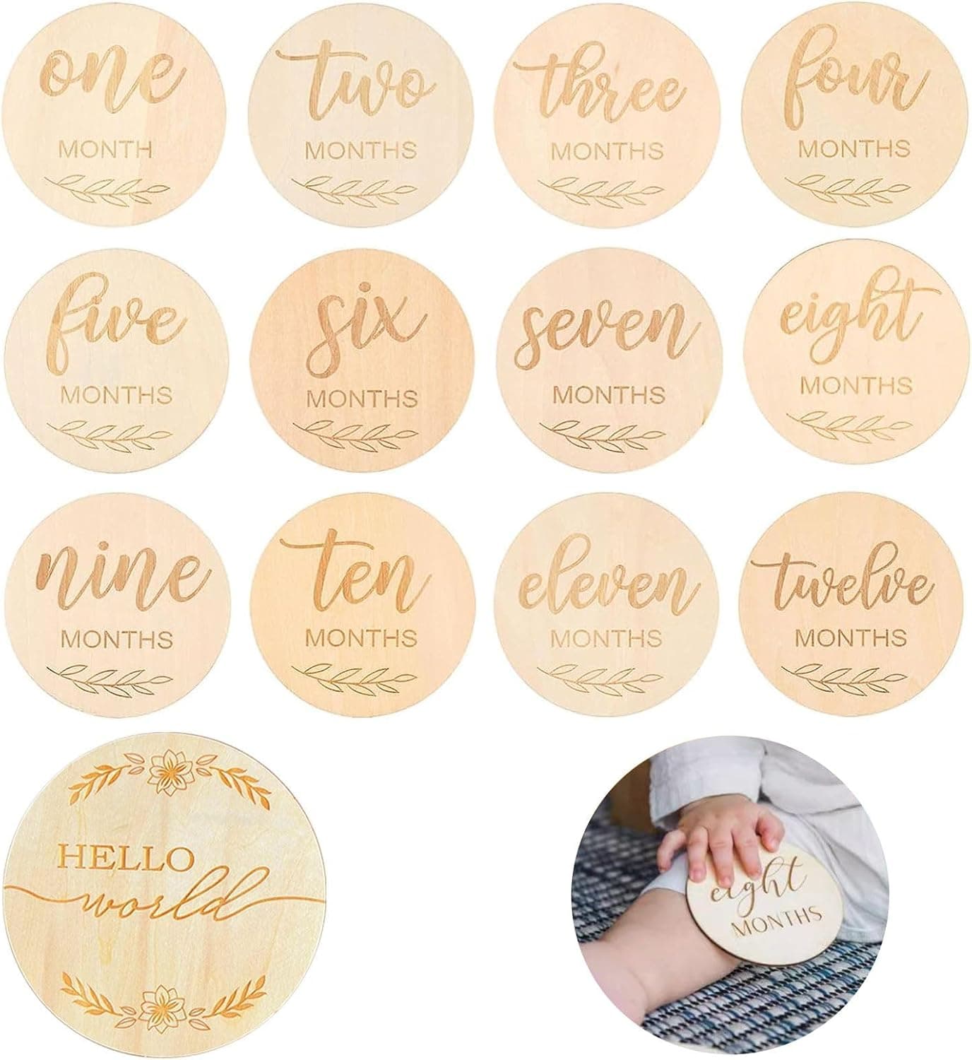 Set de tarjetas de madera con la placa redonda «Hello World» y las tarjetas de cumplemeses