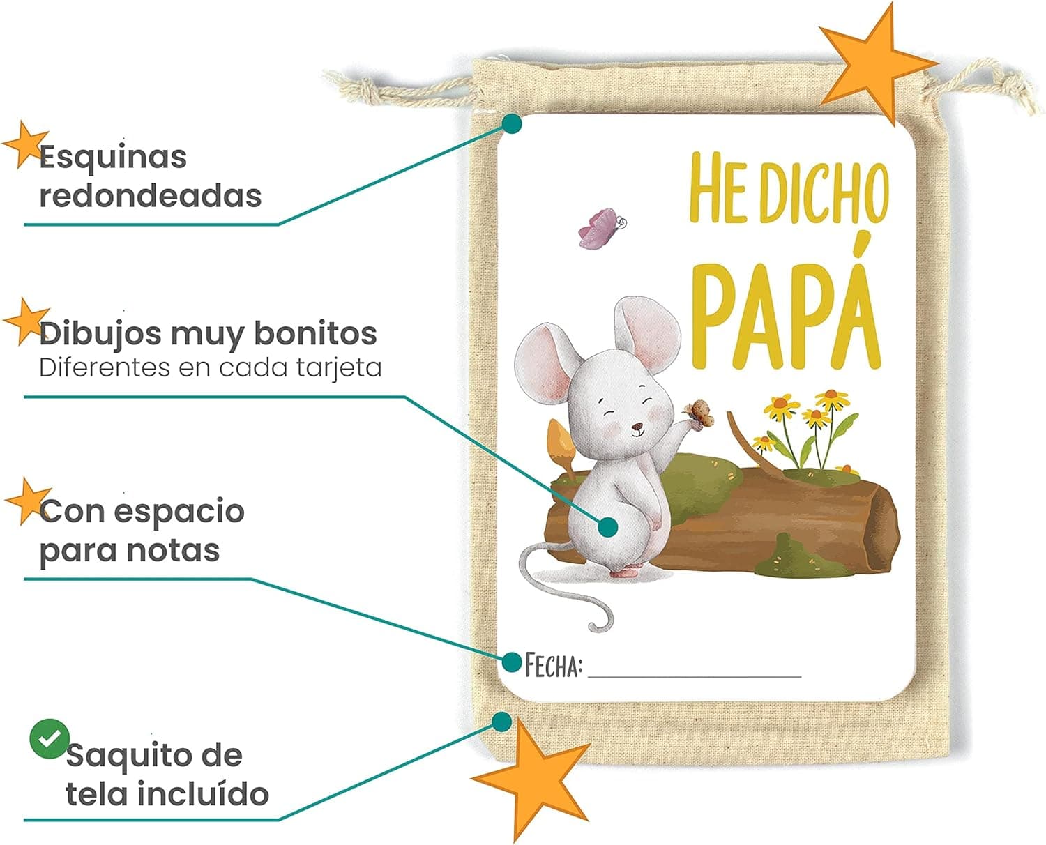 Varias tarjetas en abanico junto al saquito de tela que las guarda
