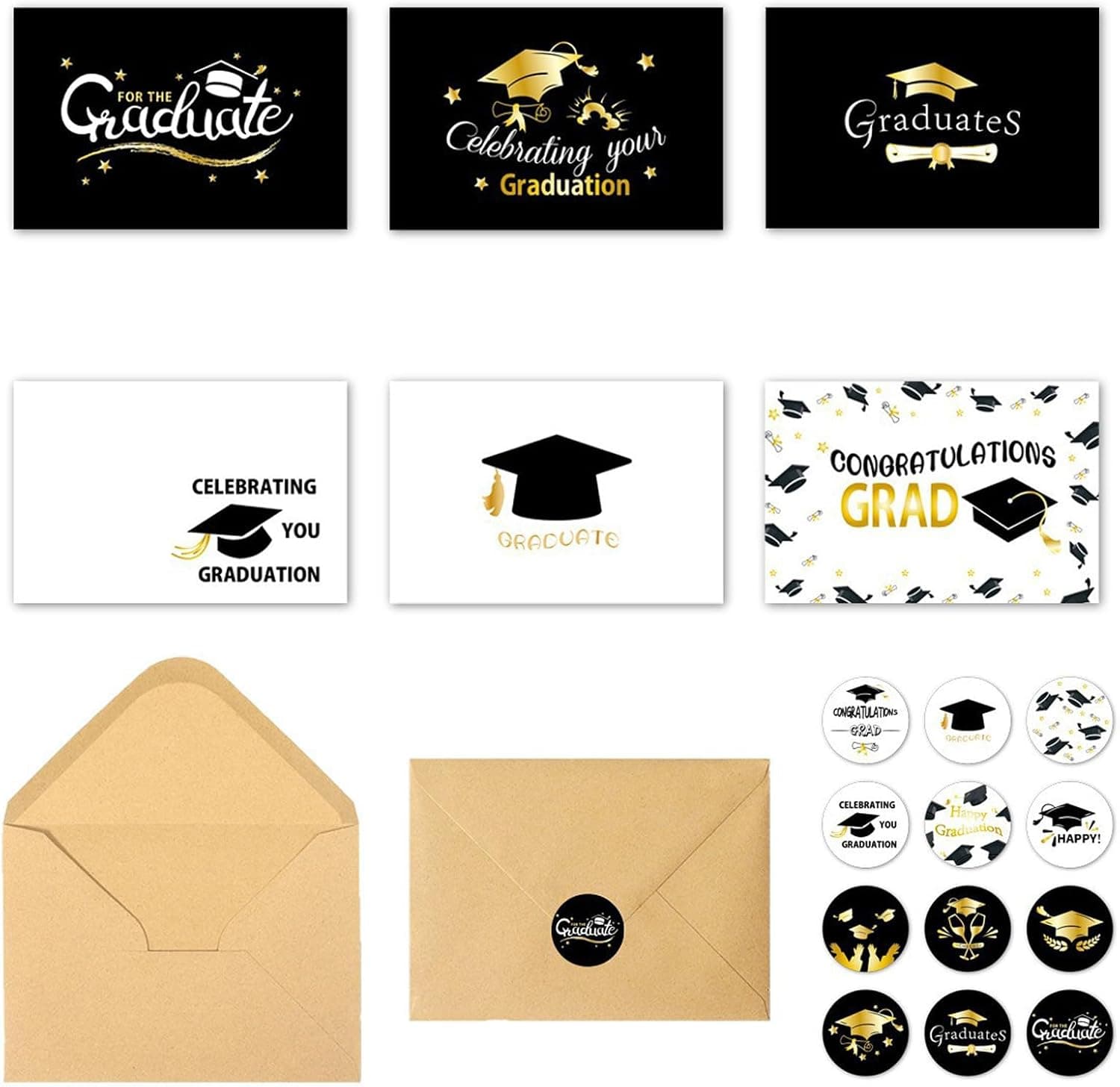 Tarjetas de felicitación de graduación con diseño de birrete y diploma, junto a sus sobres y pegatinas