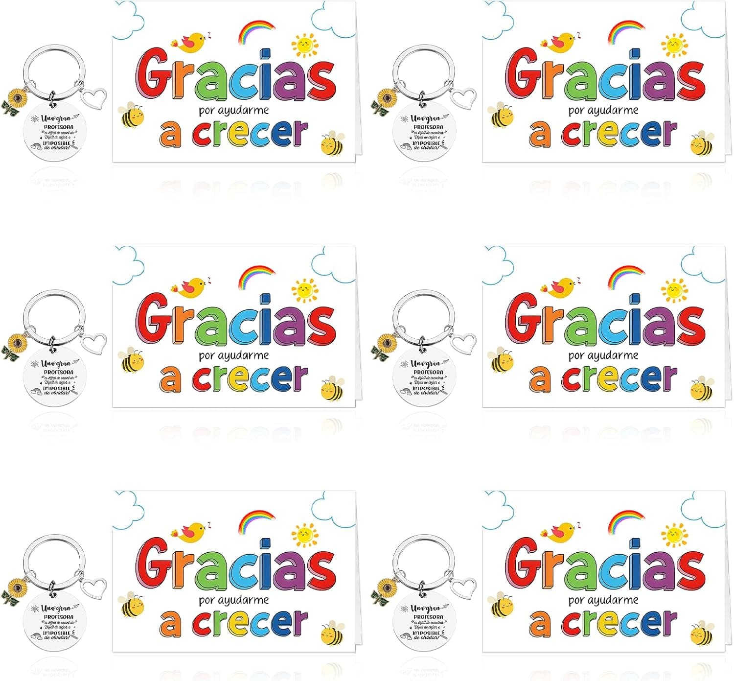 Tres tarjetas y tres llaveros con diseño de abeja para regalar a varias profesoras