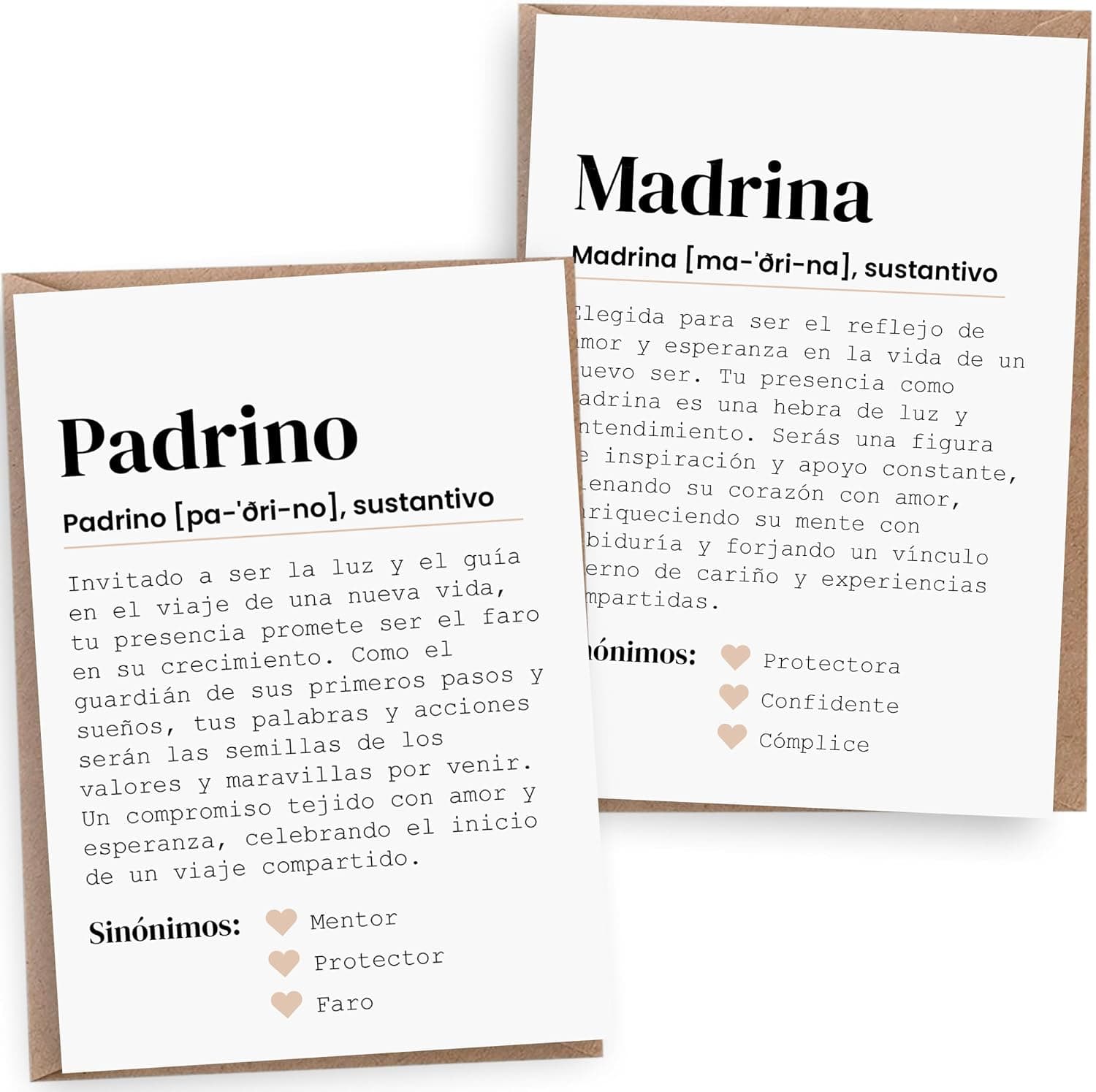Pack de tarjetas con sobre, con los mensajes "¿Quieres ser mi madrina?" y "¿Quieres ser mi padrino?"