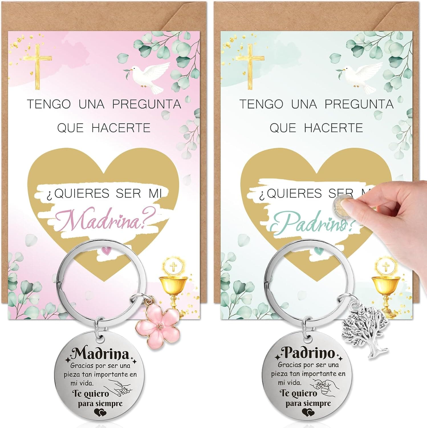Tarjetas de rascar para pedir madrina y padrino, con sobres y llaveros a juego