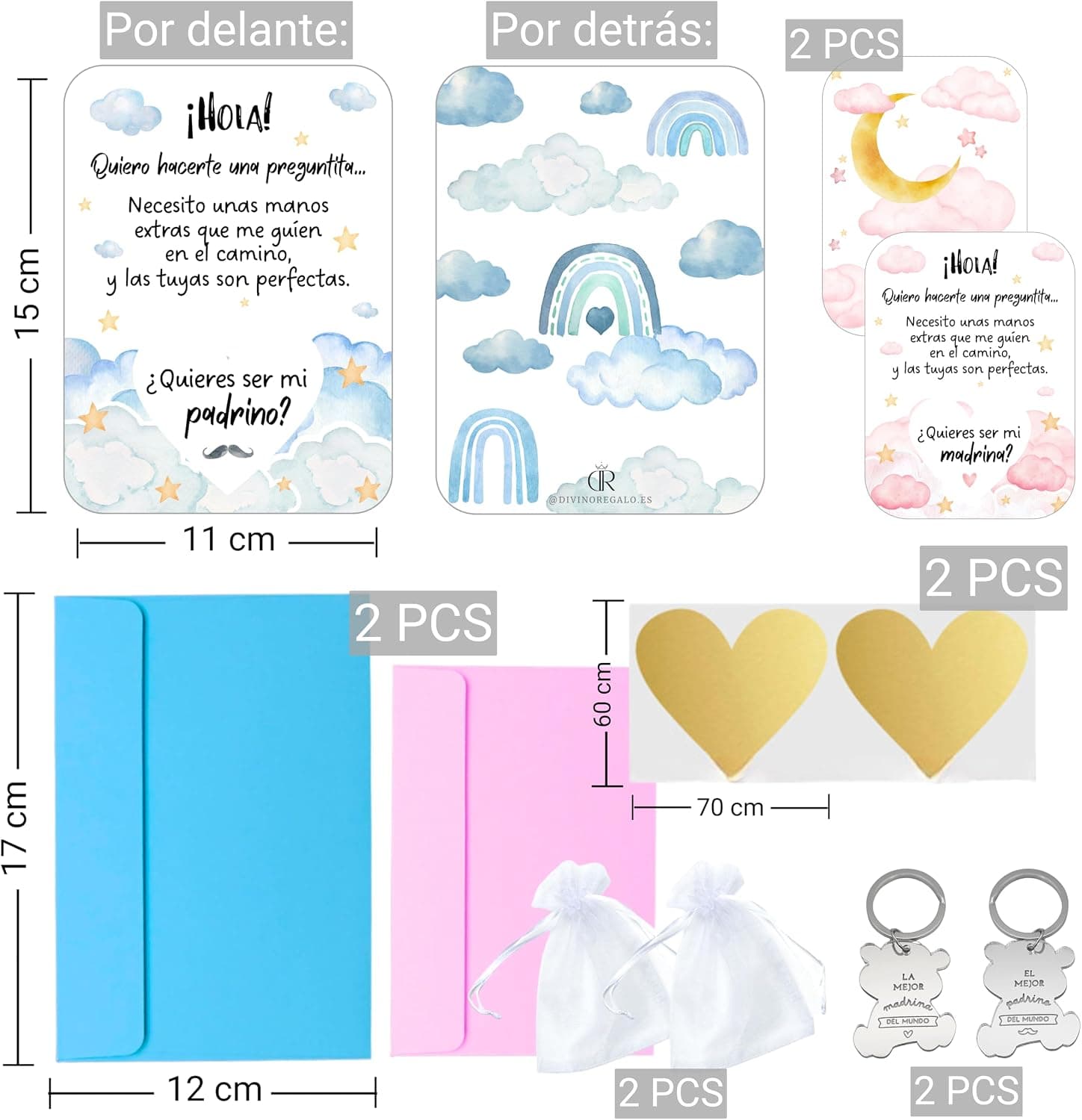 Despiece del pack con medidas: tarjetas de 11 x 15 cm por delante y por detrás, sobres de 12 x 17 cm, los dos corazones dorados adhesivos y los llaveros