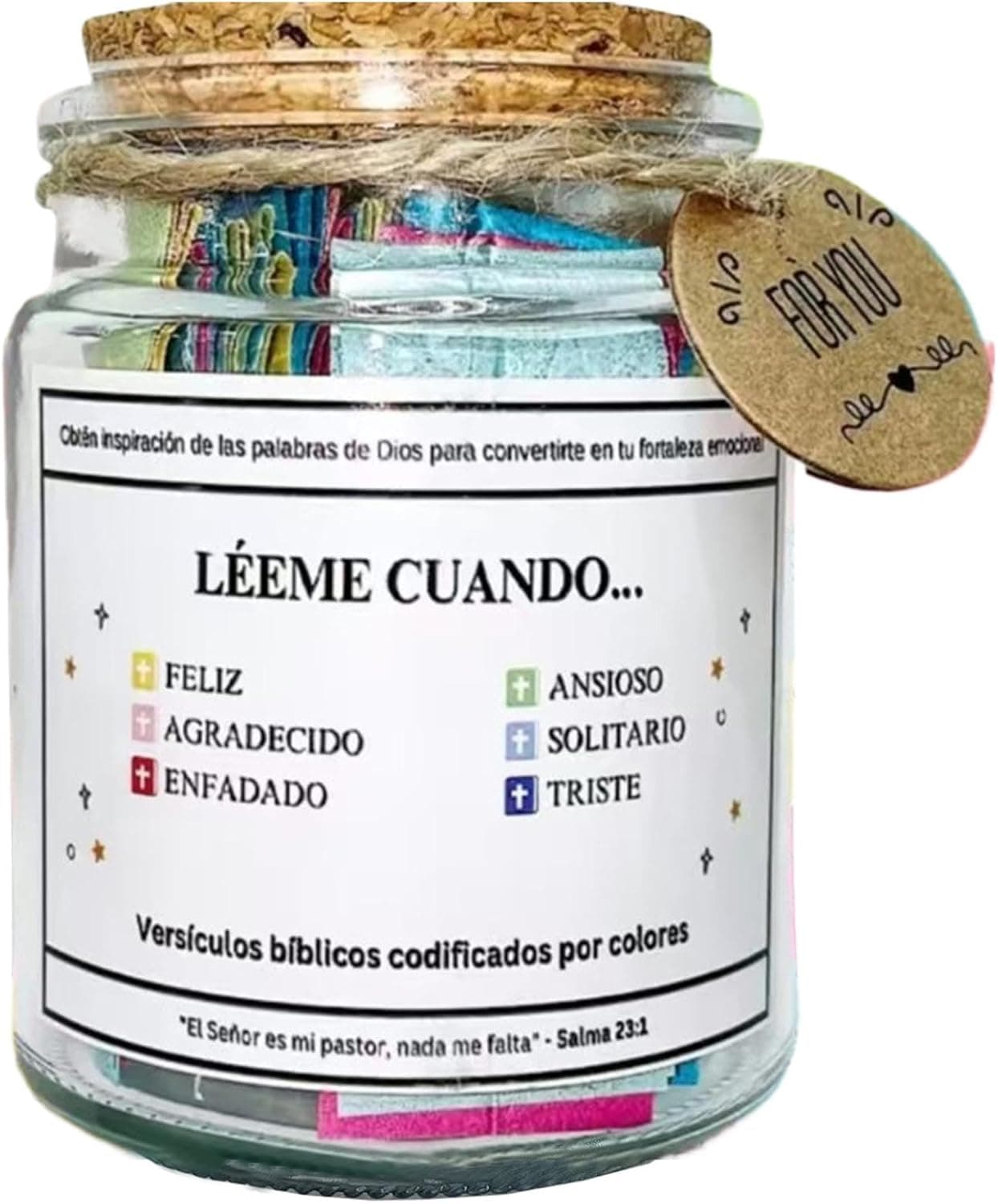 Tarro decorativo con tiras de papel de versículos bíblicos