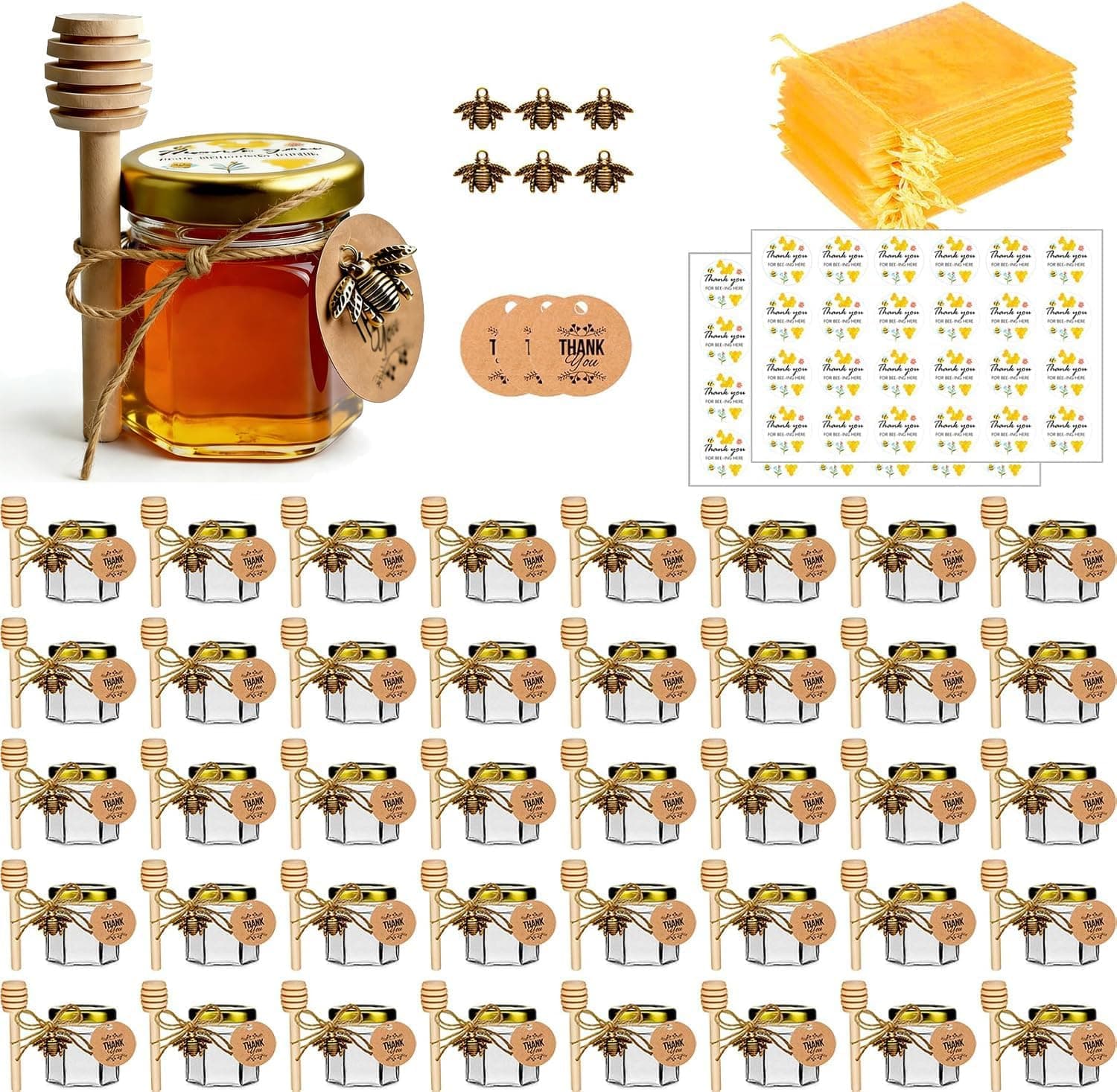 Mini tarros de miel hexagonales con tapa dorada y colgante de abeja