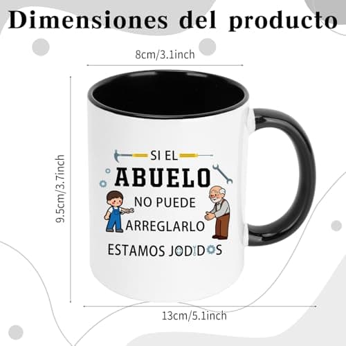 Ficha con las dimensiones de la taza: 8 cm de diámetro, 9,5 cm de alto y 13 cm de largo con el asa