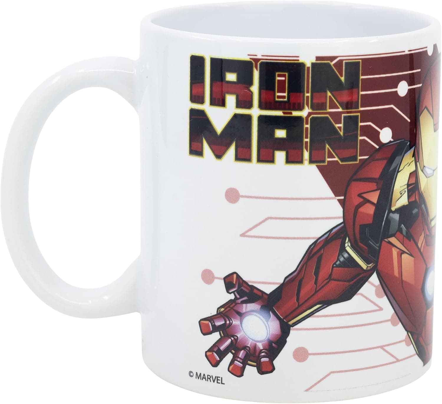 Taza de cerámica blanca con el diseño Flying Star de Iron Man, junto a su caja de regalo