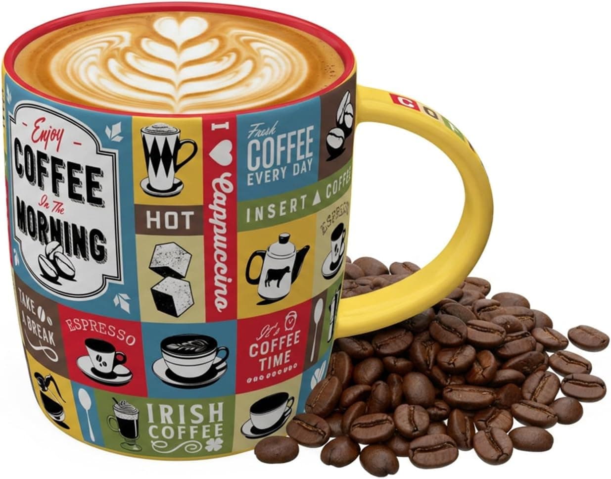 La taza con el mosaico de ilustraciones de café en varios colores y el interior teñido a juego con el diseño