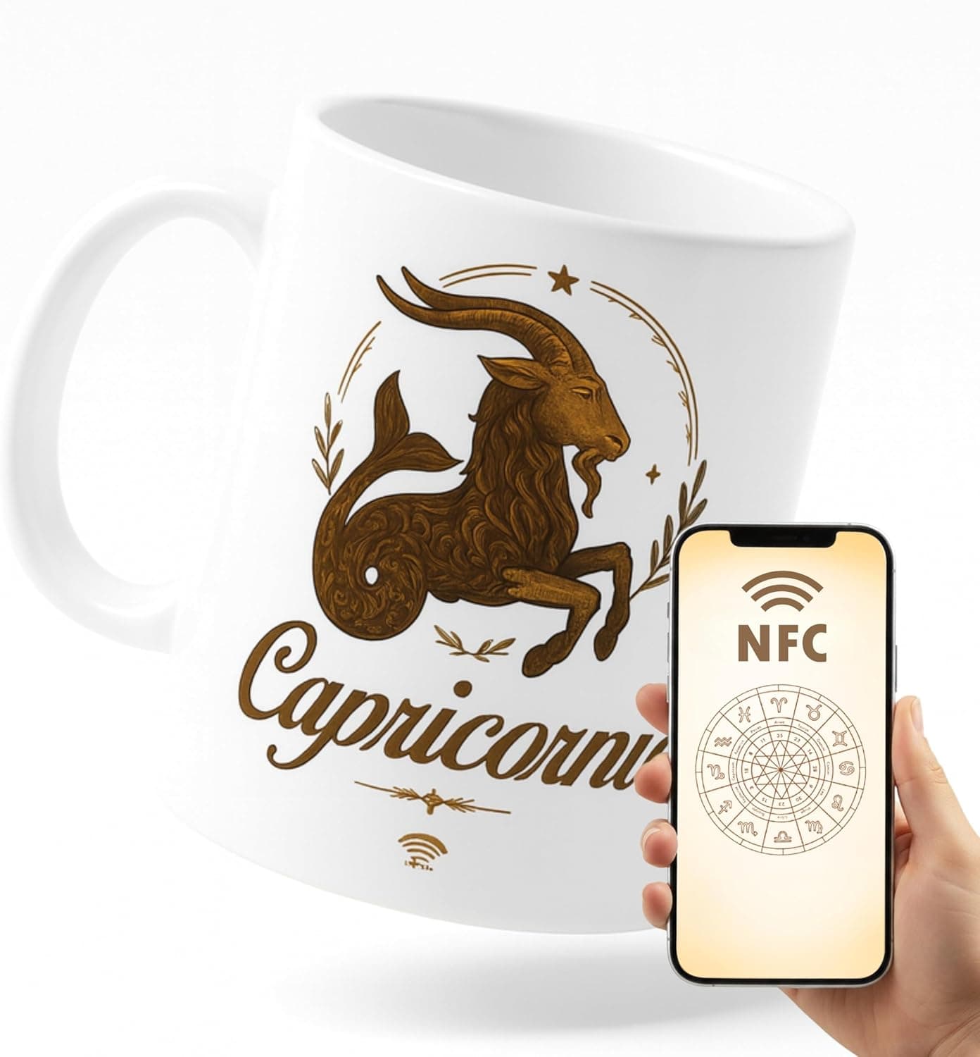 Taza blanca con la ilustración dorada de la cabra marina de Capricornio, junto a un móvil mostrando la pantalla de conexión NFC