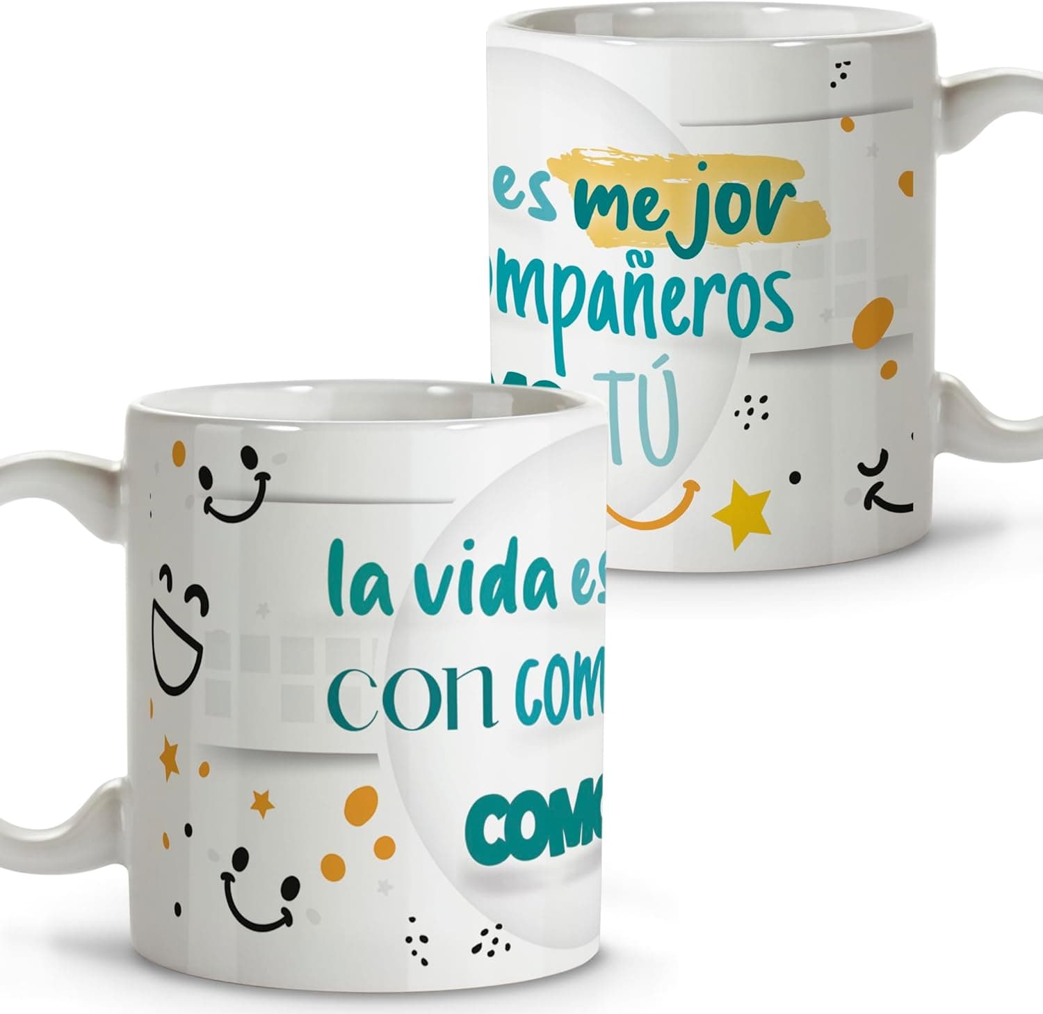 Las dos caras de la taza, con caritas sonrientes y confeti dibujados alrededor del texto