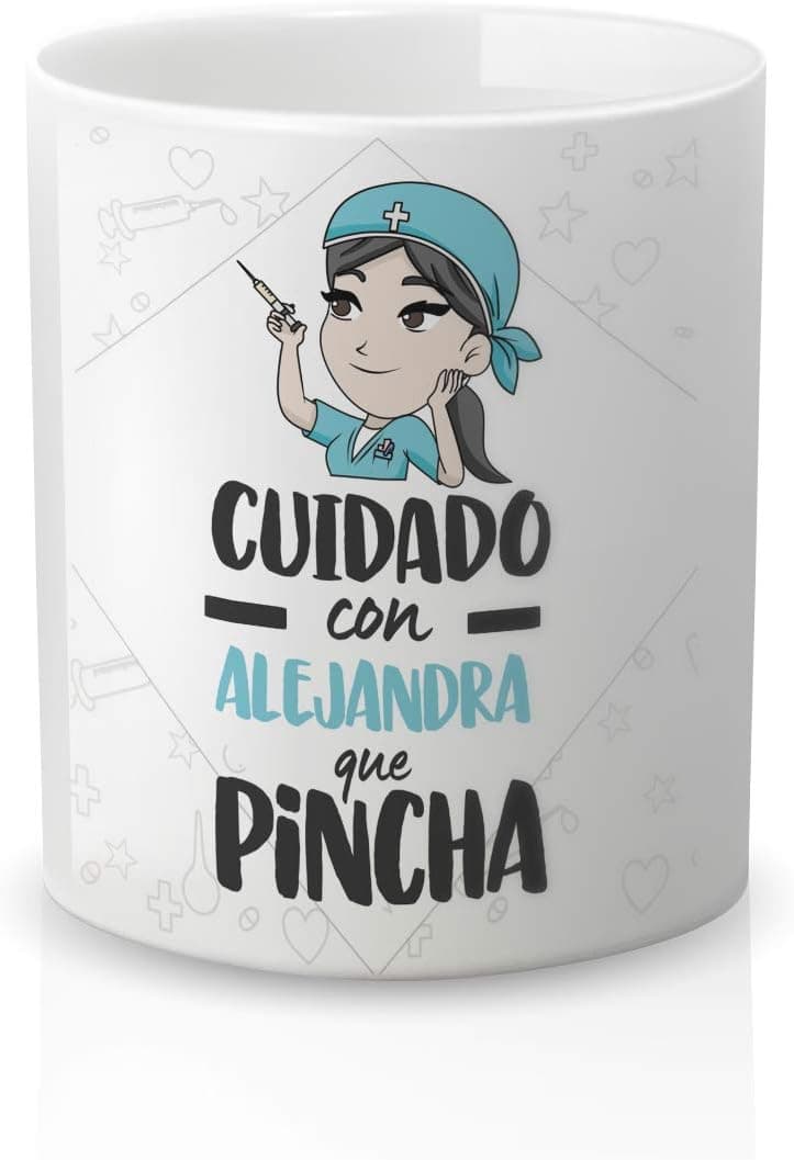 Taza de cerámica personalizada con nombre y la frase «cuidado que pincha»