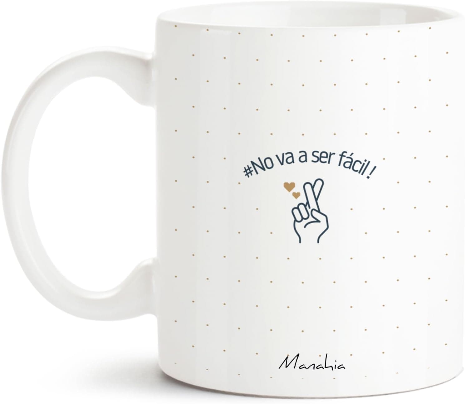 La cara trasera de la taza, con un pequeño dibujo de dedos cruzados y el remate «No va a ser fácil»