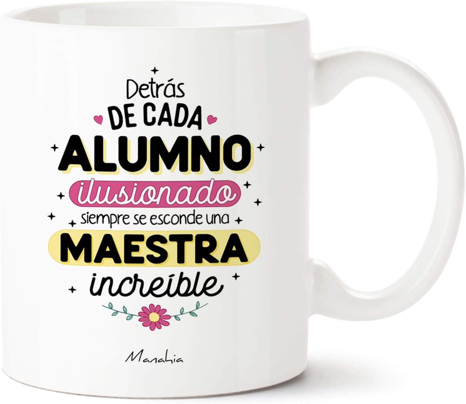 Taza de cerámica blanca con la frase «detrás de cada alumno ilusionado se esconde una maestra increíble», en su caja kraft