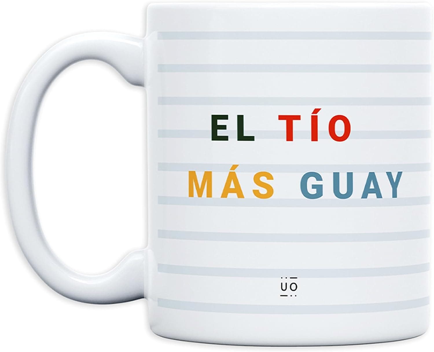 Taza blanca de rayas con el mensaje «El tío más guay» en letras de colores
