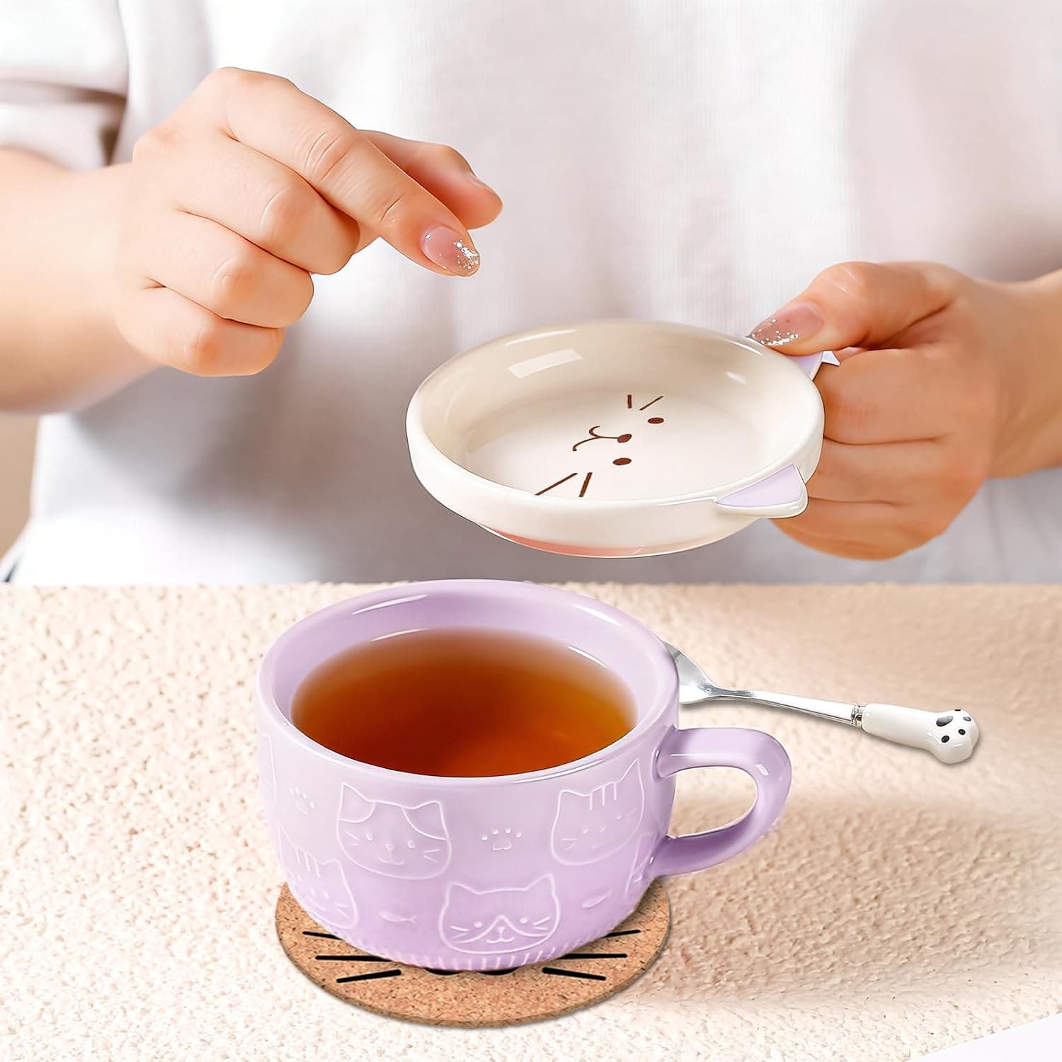 Taza de gato kawaii morada con tapa y cuchara, BigNoseDeer, foto 2