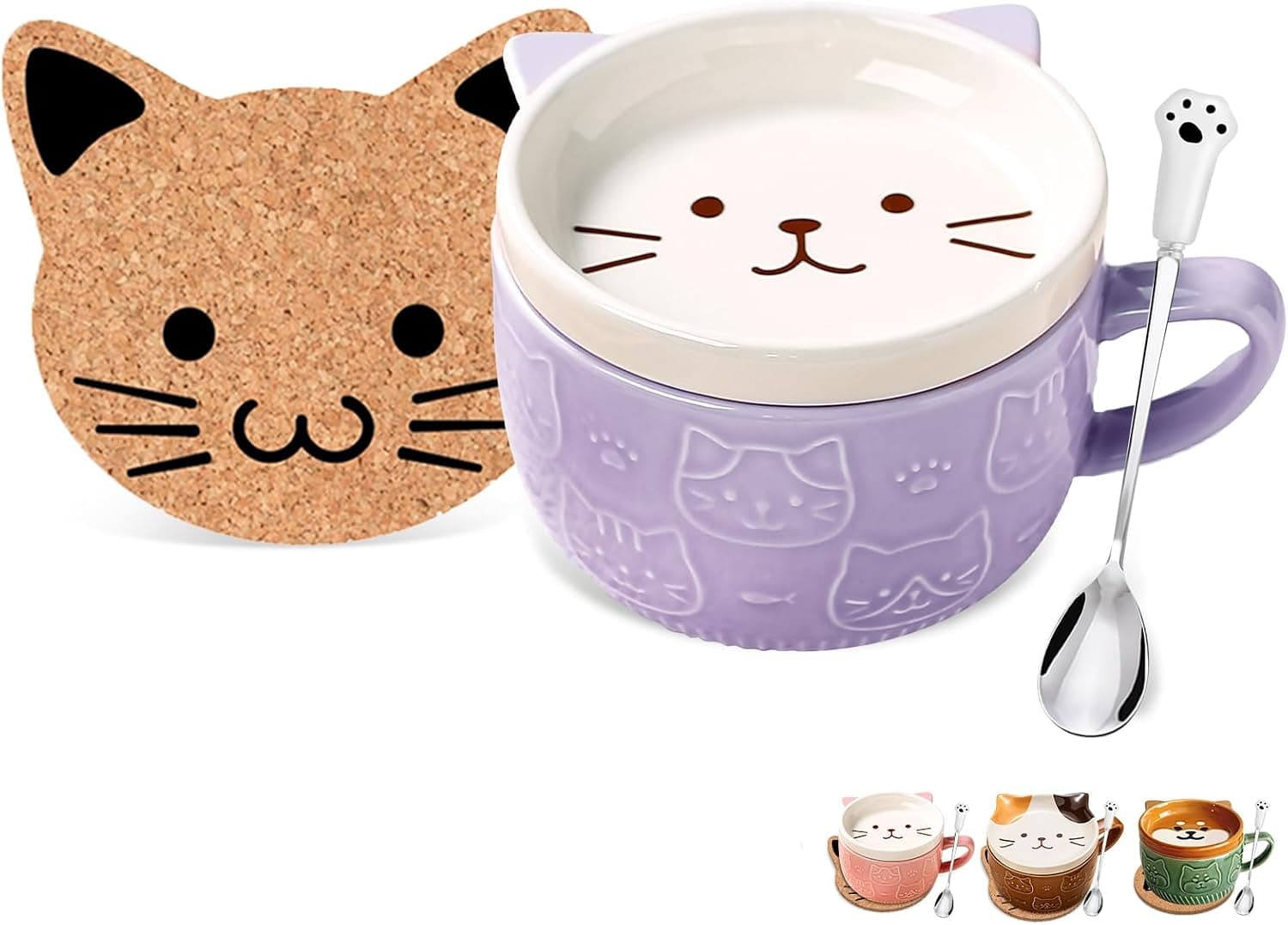 Taza de cerámica morada con forma de gato, tapa y cuchara