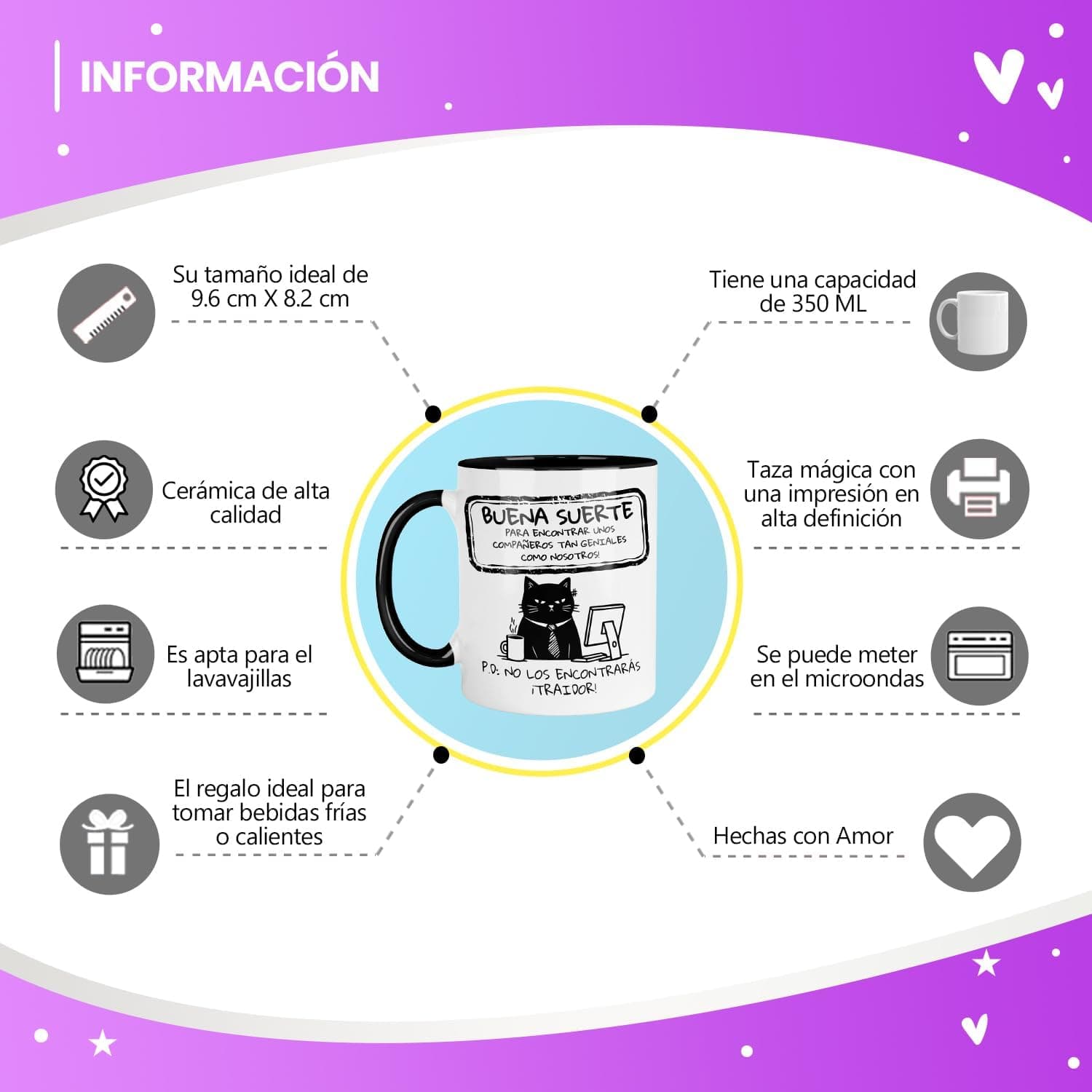 Detalle del texto impreso en la taza de compañeros de oficina