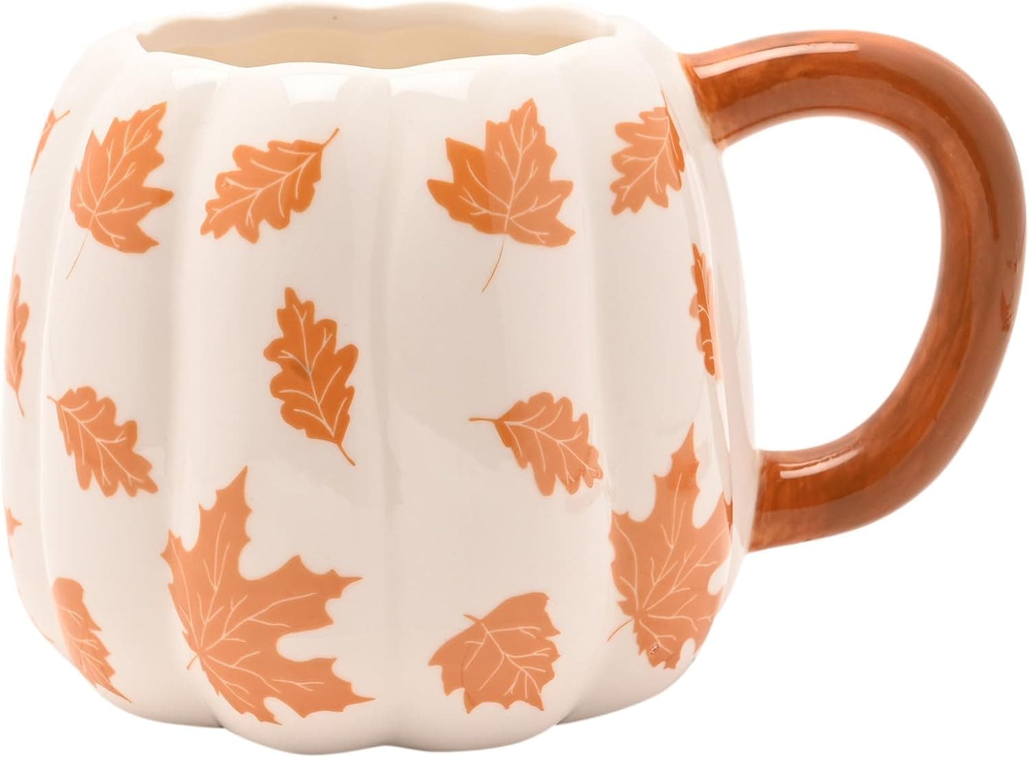 La taza blanca con hojas de arce y roble en tonos naranja repartidas por todo el cuerpo y el asa a juego