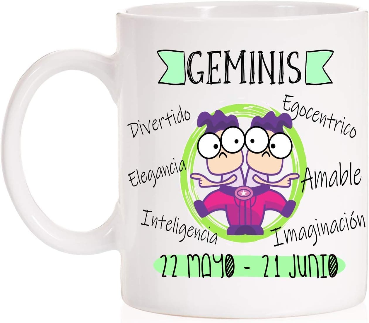 Taza de cerámica blanca con dibujo divertido del signo Géminis