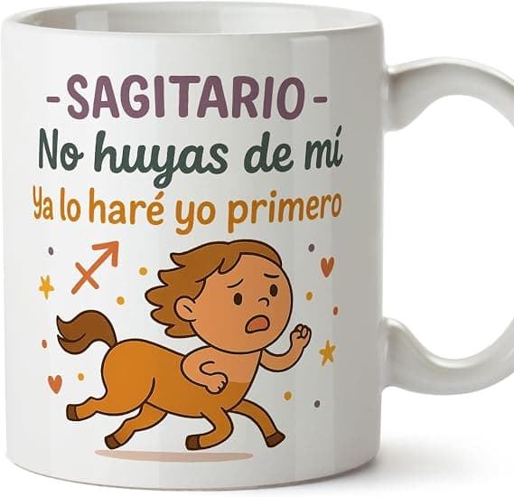 Taza blanca con un centauro y la frase "No huyas de mí, ya lo haré yo primero"