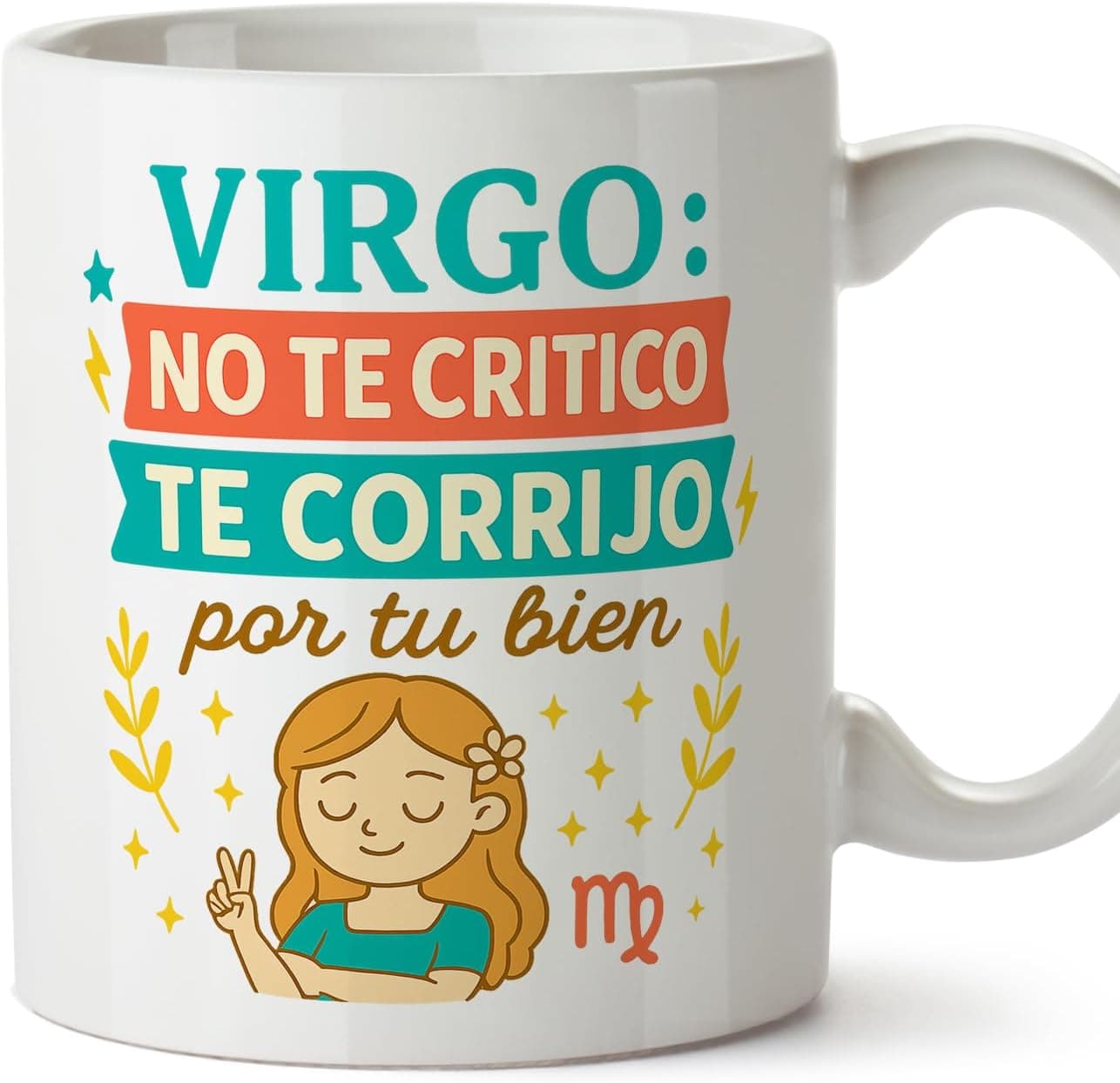 Taza blanca con una ilustración de una chica haciendo el signo de la paz y el texto "Virgo, no te critico, te corrijo por tu bien"