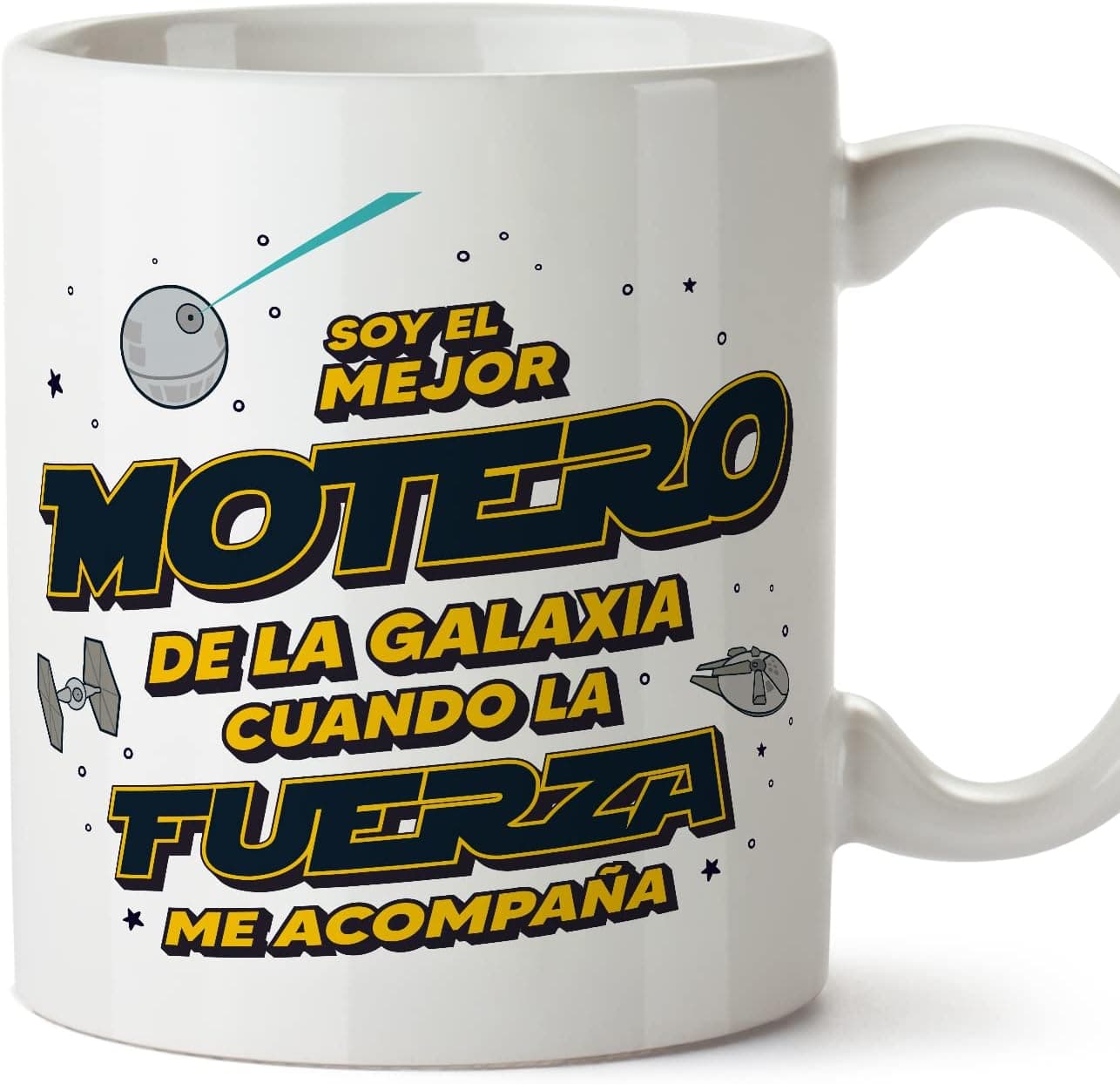 Taza blanca con el texto "Soy el mejor motero de la galaxia cuando la fuerza me acompaña", guiño a Star Wars